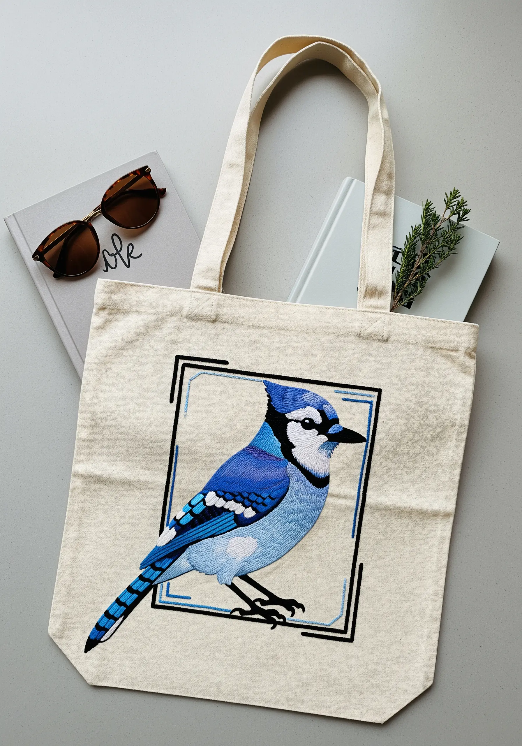 A thread-painted blue jay inside a geometric frame on a canvas tote bag.