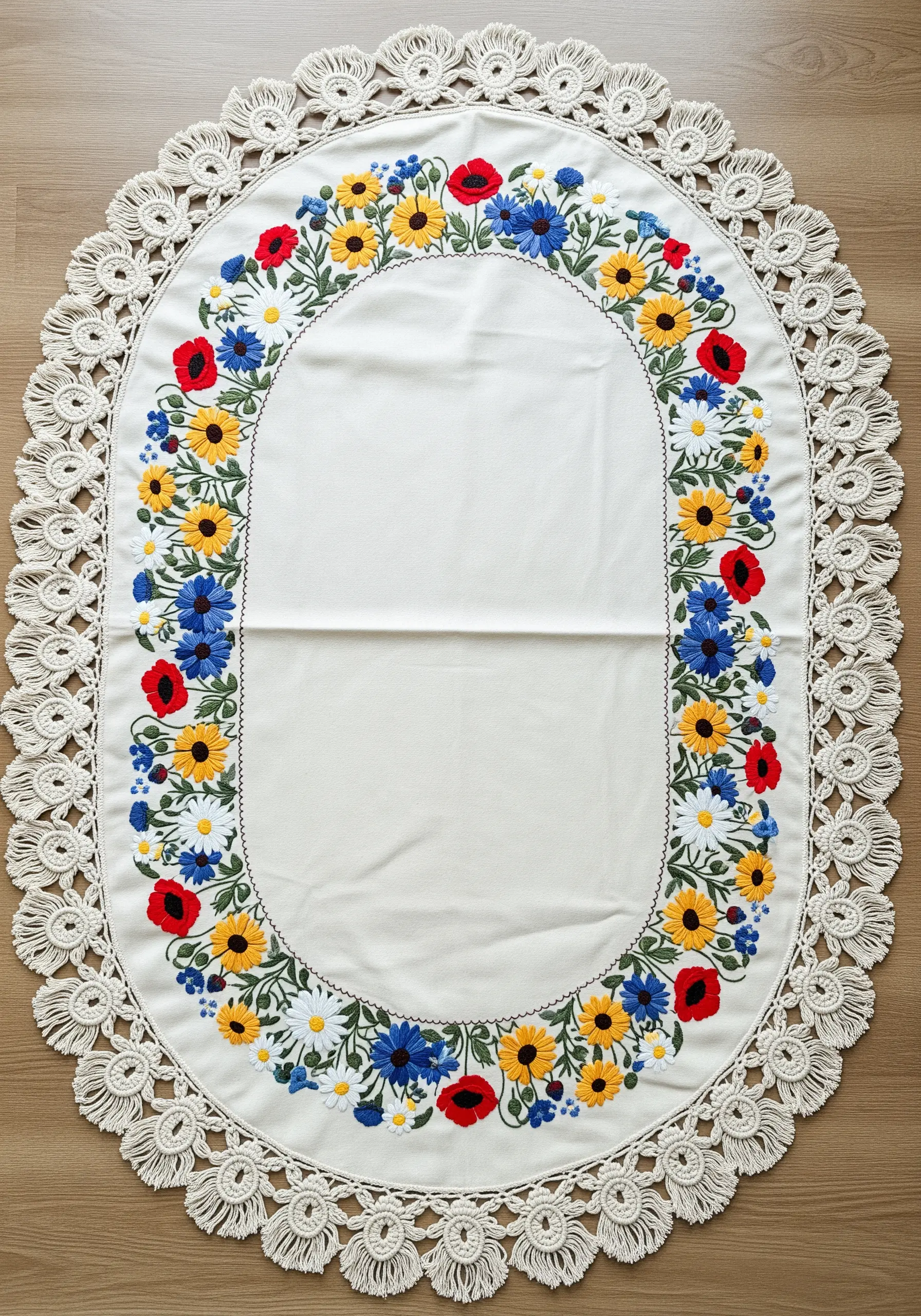 An oval tablecloth with a colorful embroidered wildflower border and macrame lace edge.