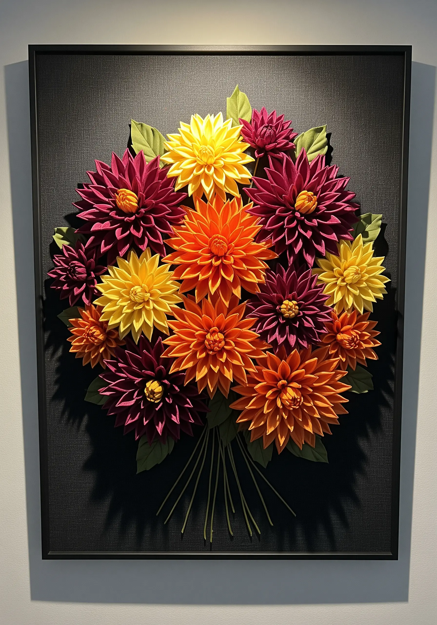 A dense bouquet of dahlias in orange, yellow, and magenta ribbon, displayed in a black frame.