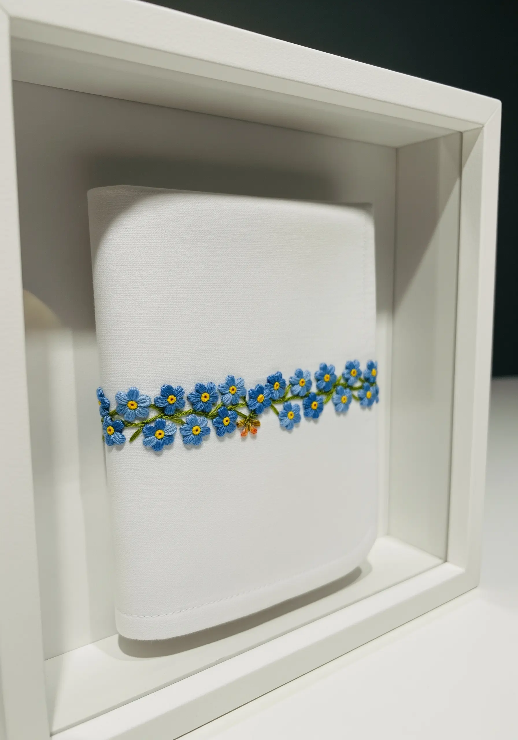 A band of blue and yellow forget-me-nots embroidered on white fabric in a shadow box.