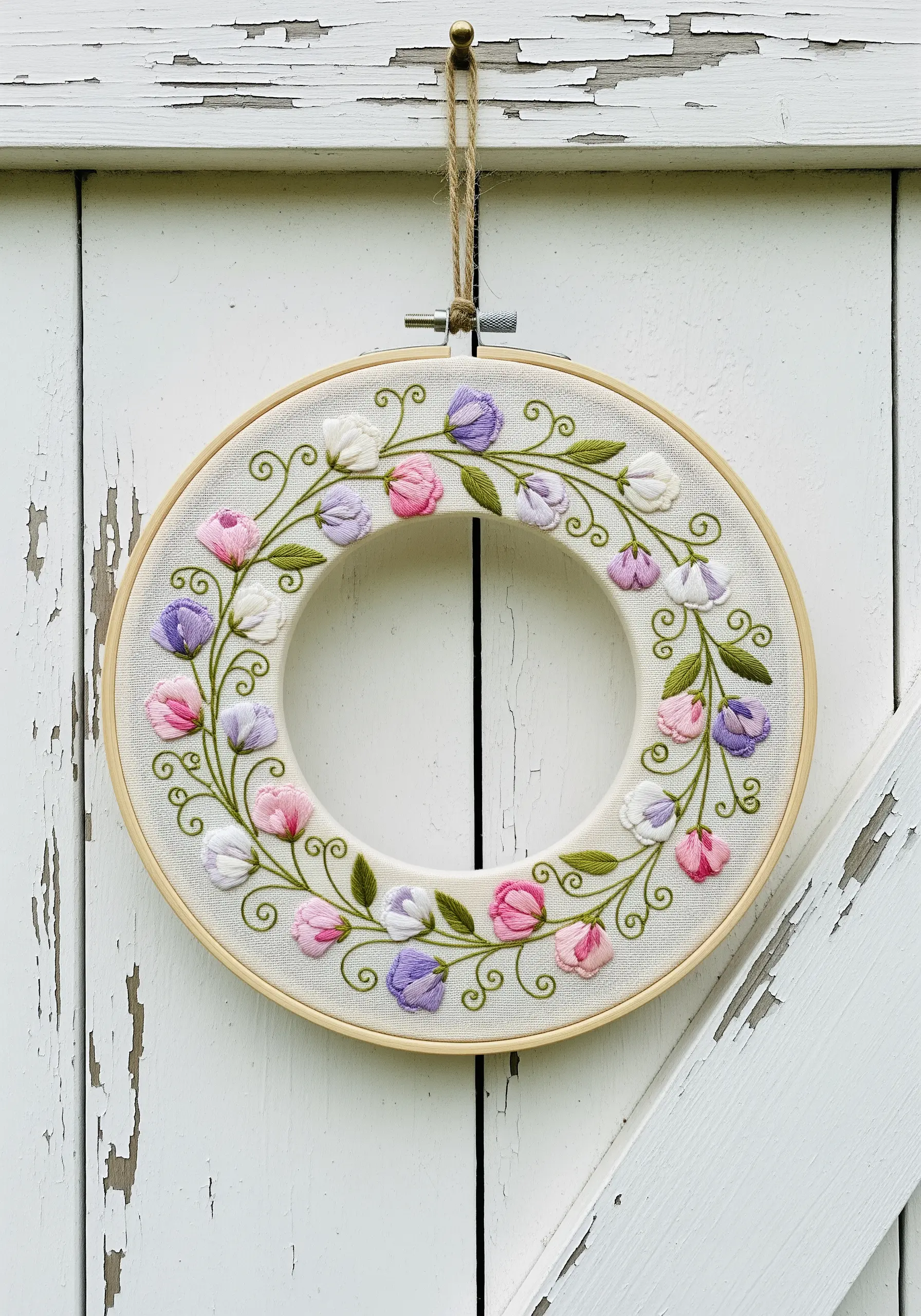 A floral wreath with a cut-out center, showcasing pastel sweet pea flowers.