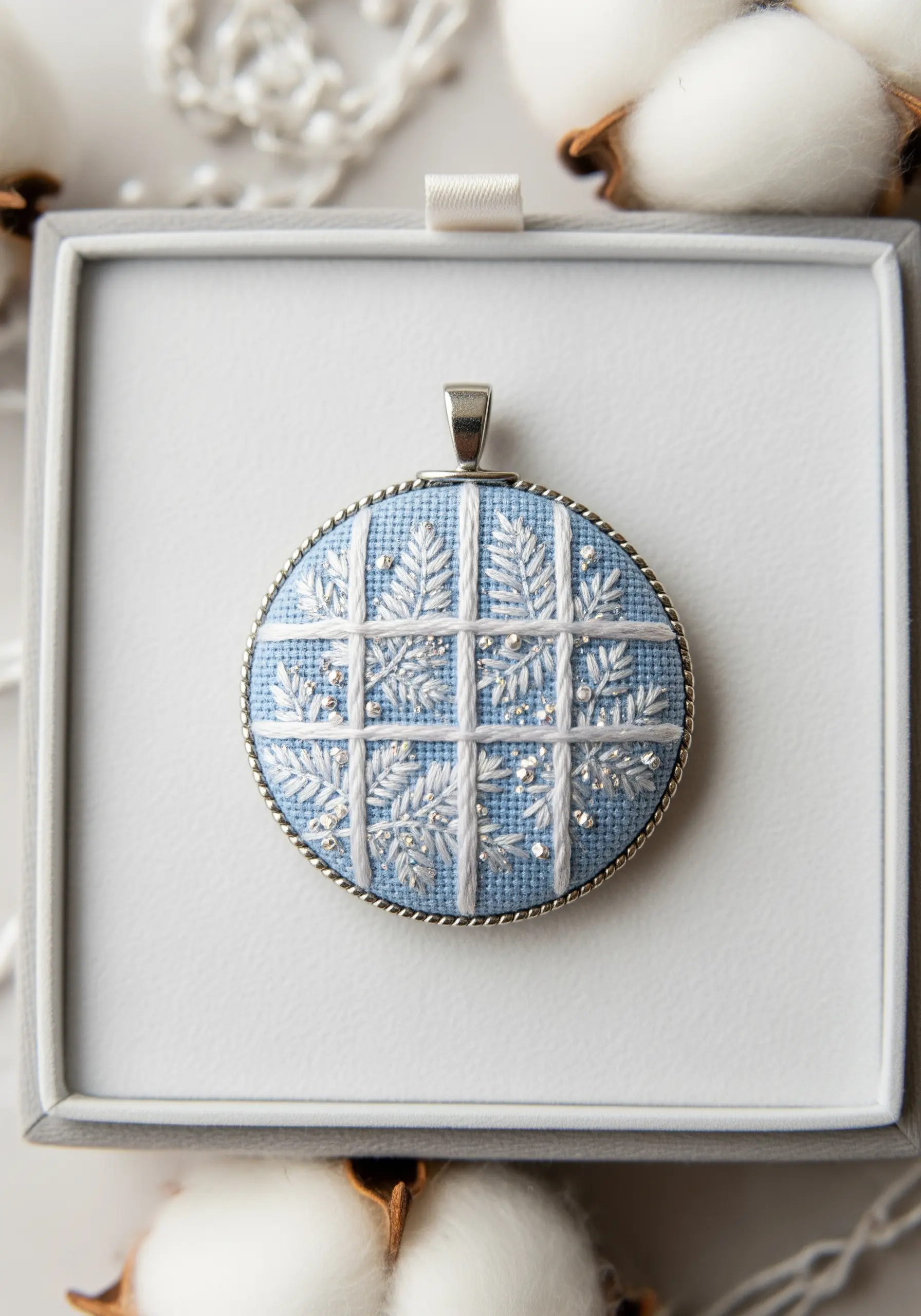 A small, circular pendant with an embroidered trellis pattern and tiny silver leaves on blue fabric.