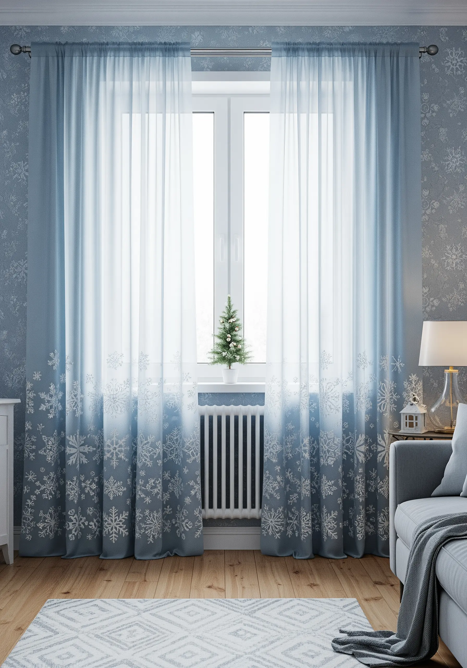 White and silver embroidered snowflakes on a sheer blue ombré curtain.