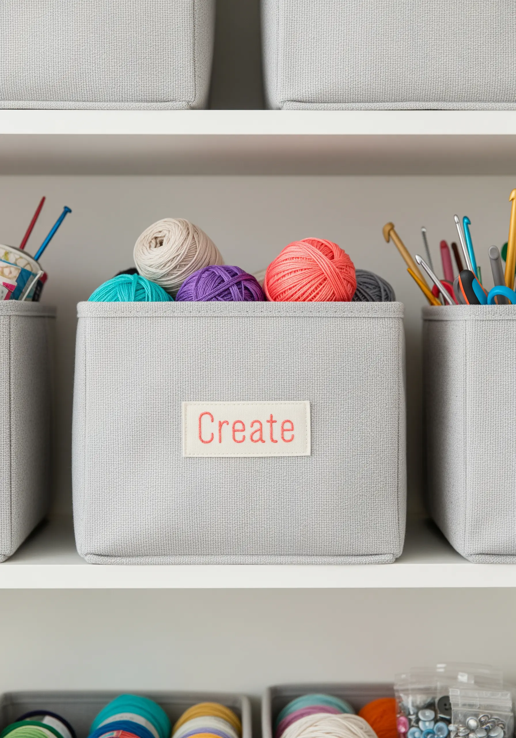A grey fabric storage bin with a stitched white label that says 'Create' in red.