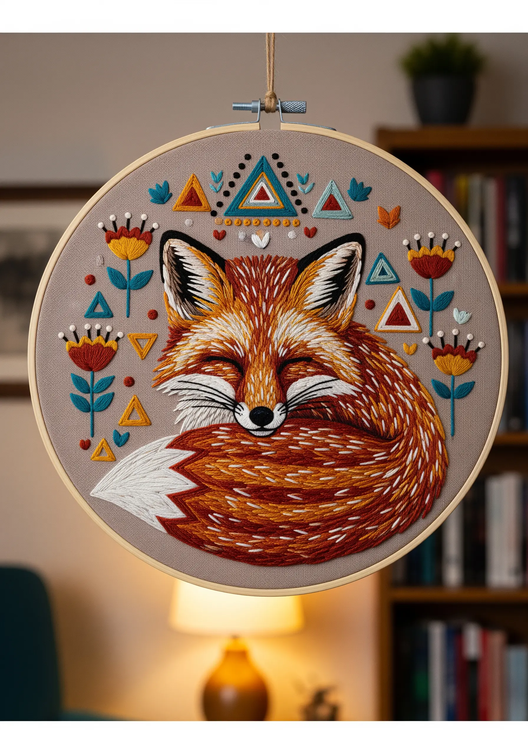 An embroidery hoop featuring a sleeping fox surrounded by geometric and floral motifs.