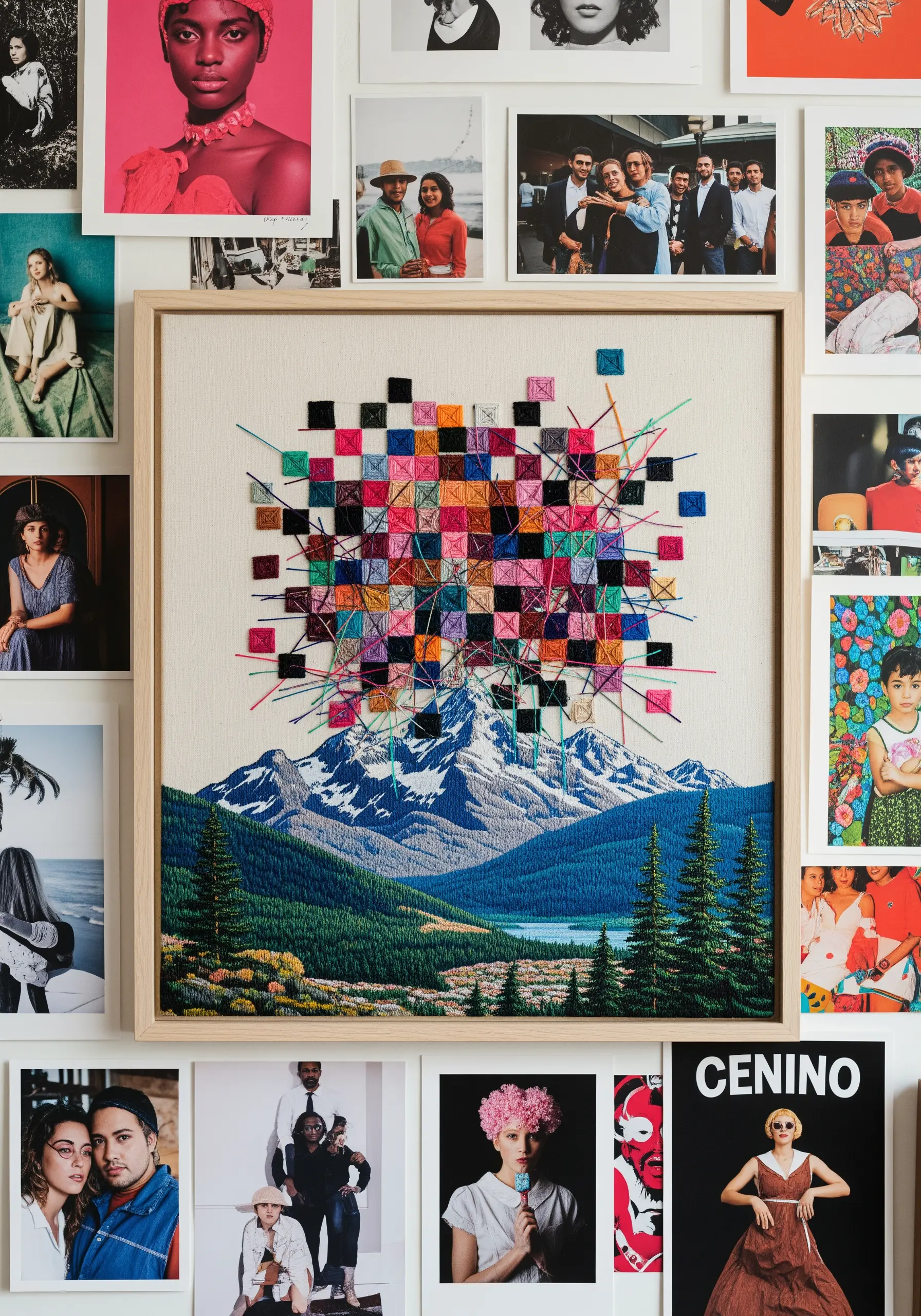 Embroidered mountain landscape with an abstract, colorful grid of squares exploding from the peak.