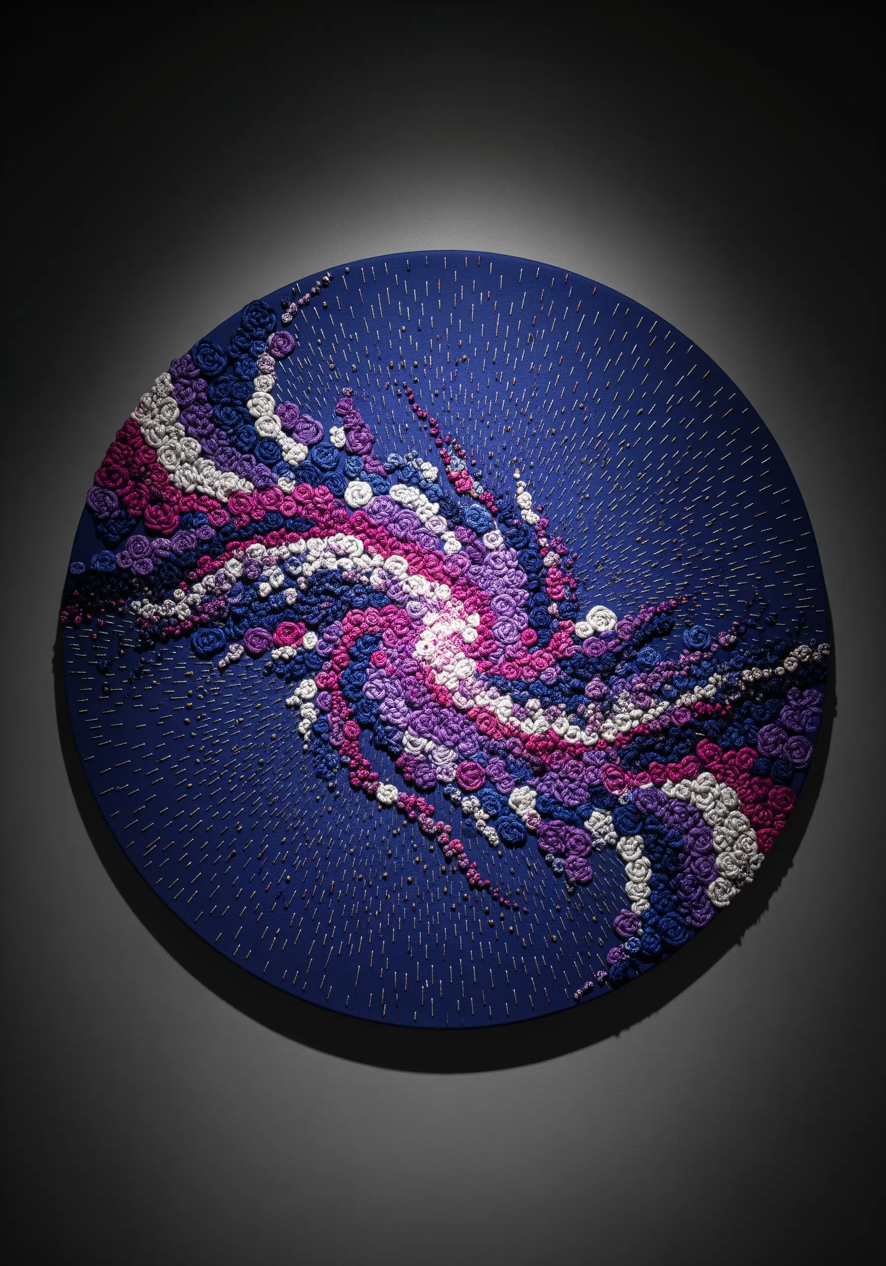 A large circular textile artwork on a blue background with a swirling galaxy of purple and pink woven roses.