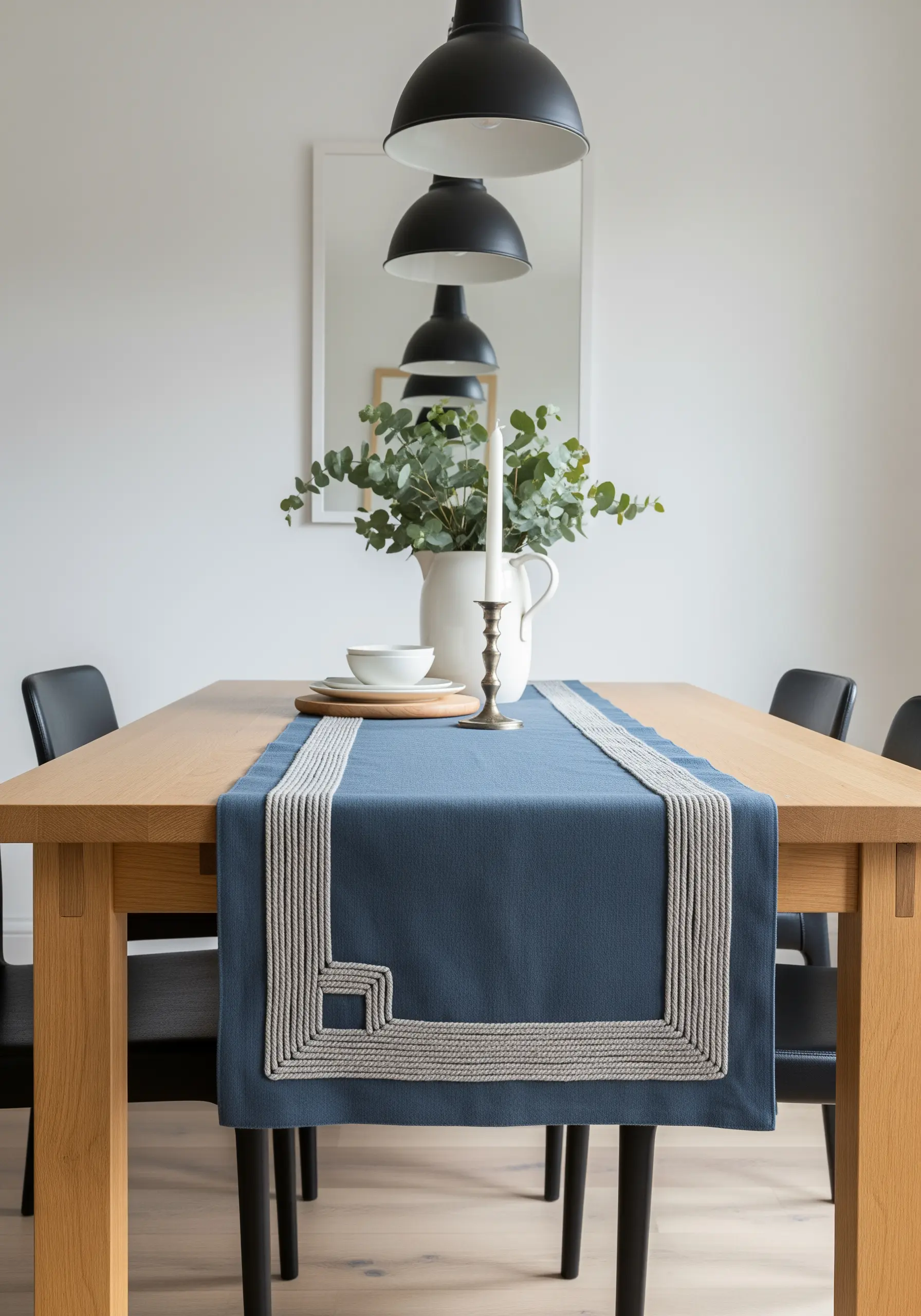 Blue table runner with a geometric frame made of a thick, couched cream-colored cord.
