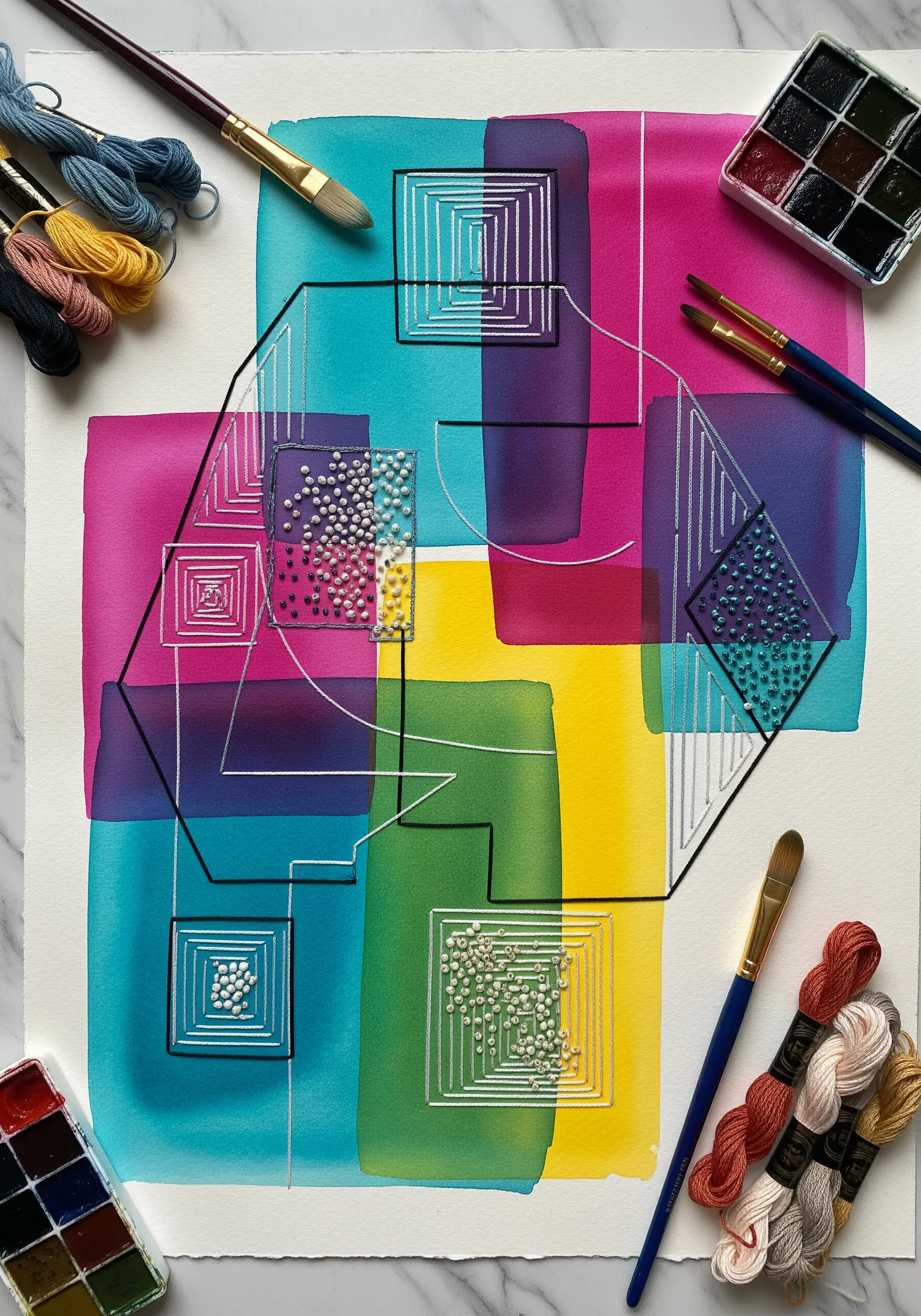 Abstract geometric embroidery with beads and white thread over a vibrant watercolor painting.