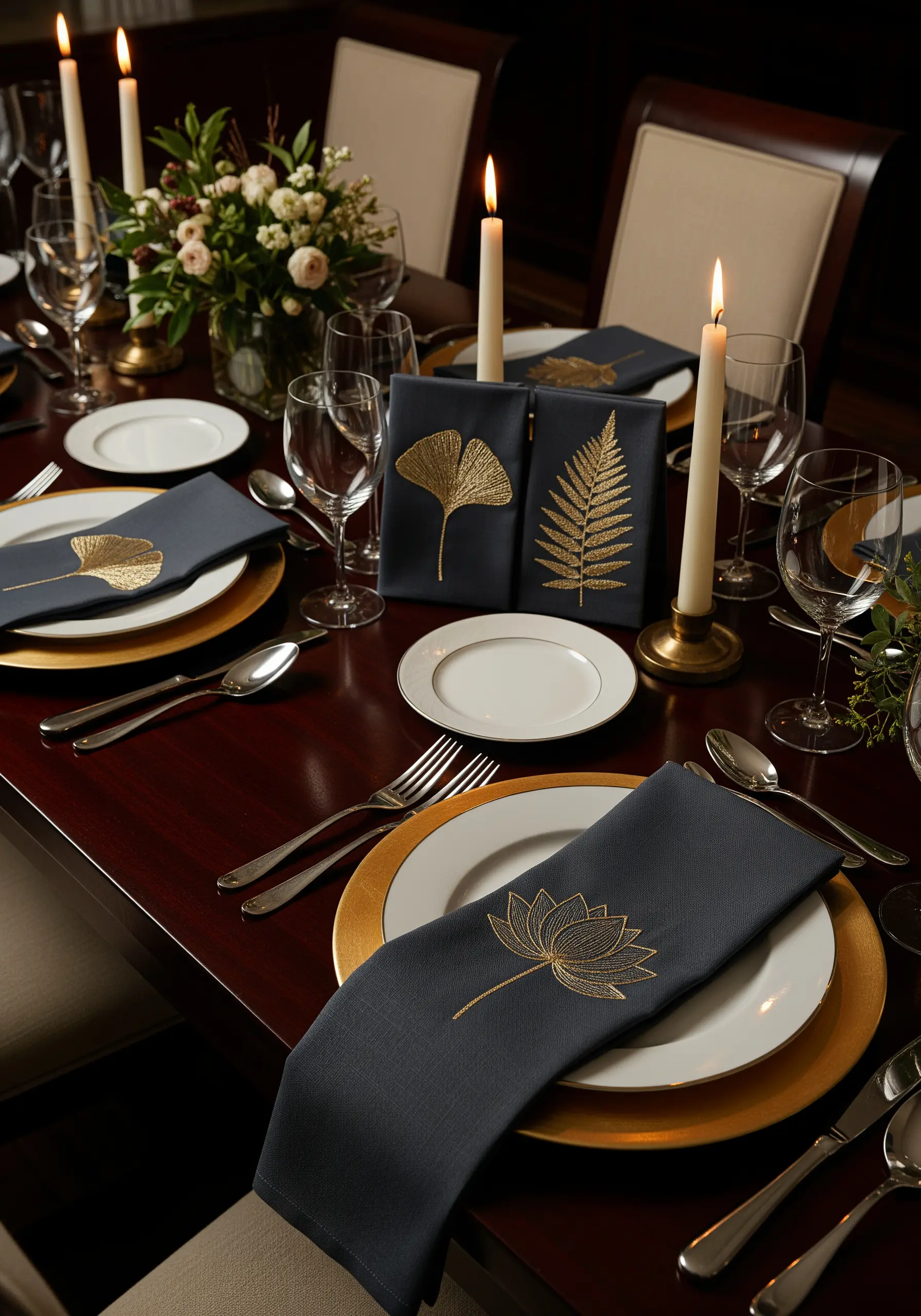 Gold metallic thread embroidery of a ginkgo, fern, and lotus on dark gray linen napkins.