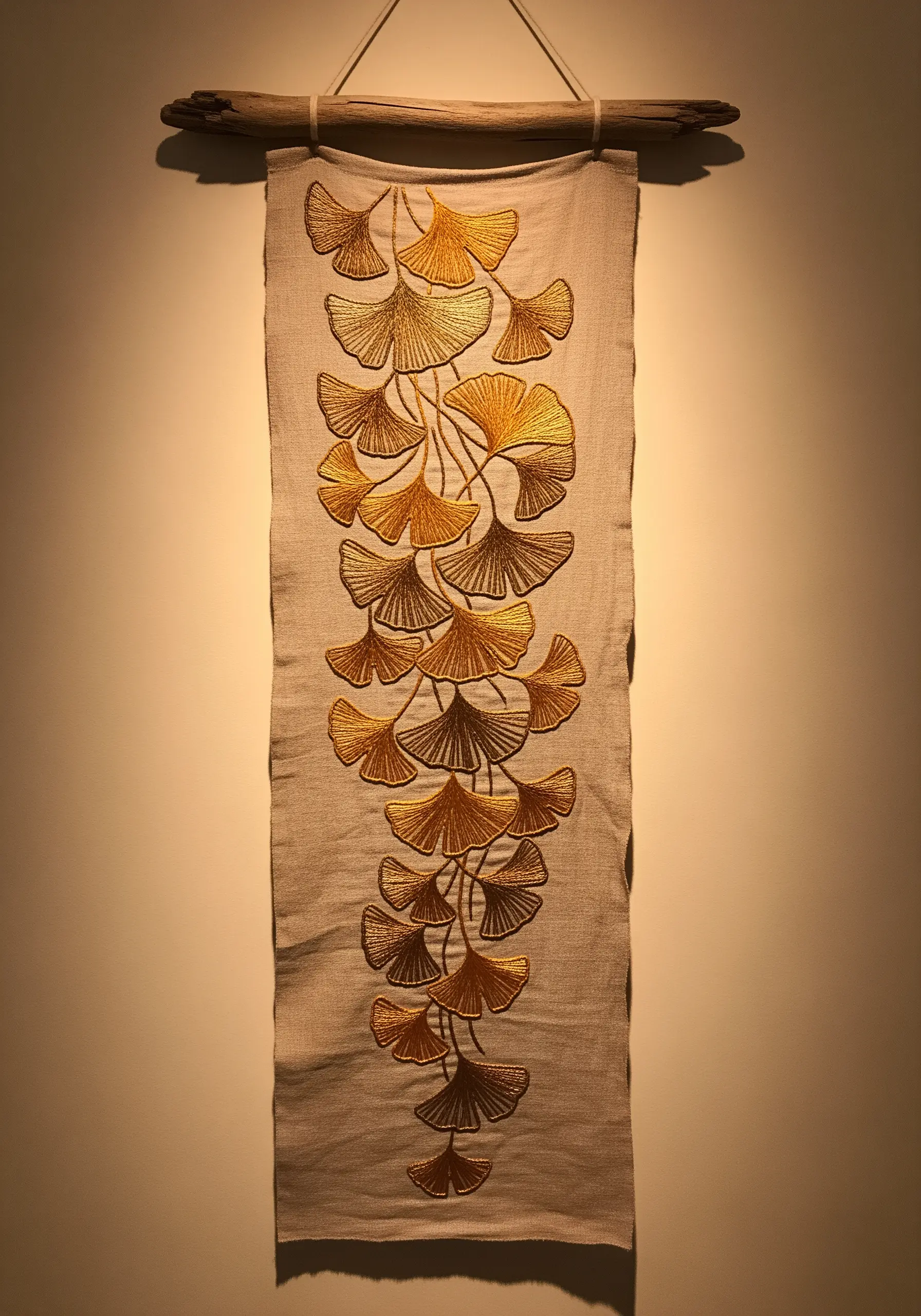 Embroidered wall hanging of golden ginkgo leaves on natural linen.