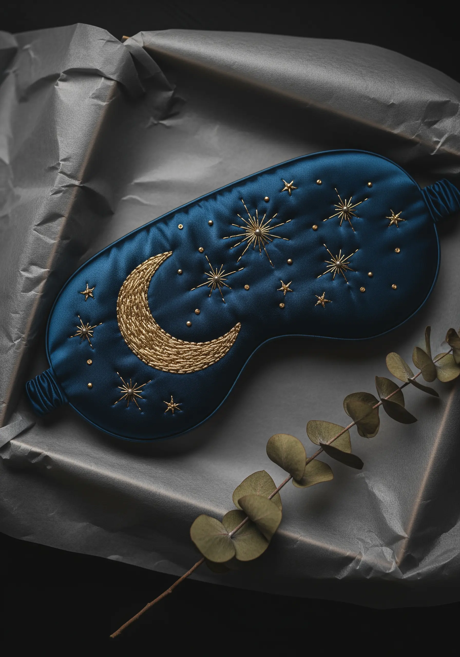 A navy blue silk sleep mask embroidered with a golden crescent moon and stars in metallic thread.