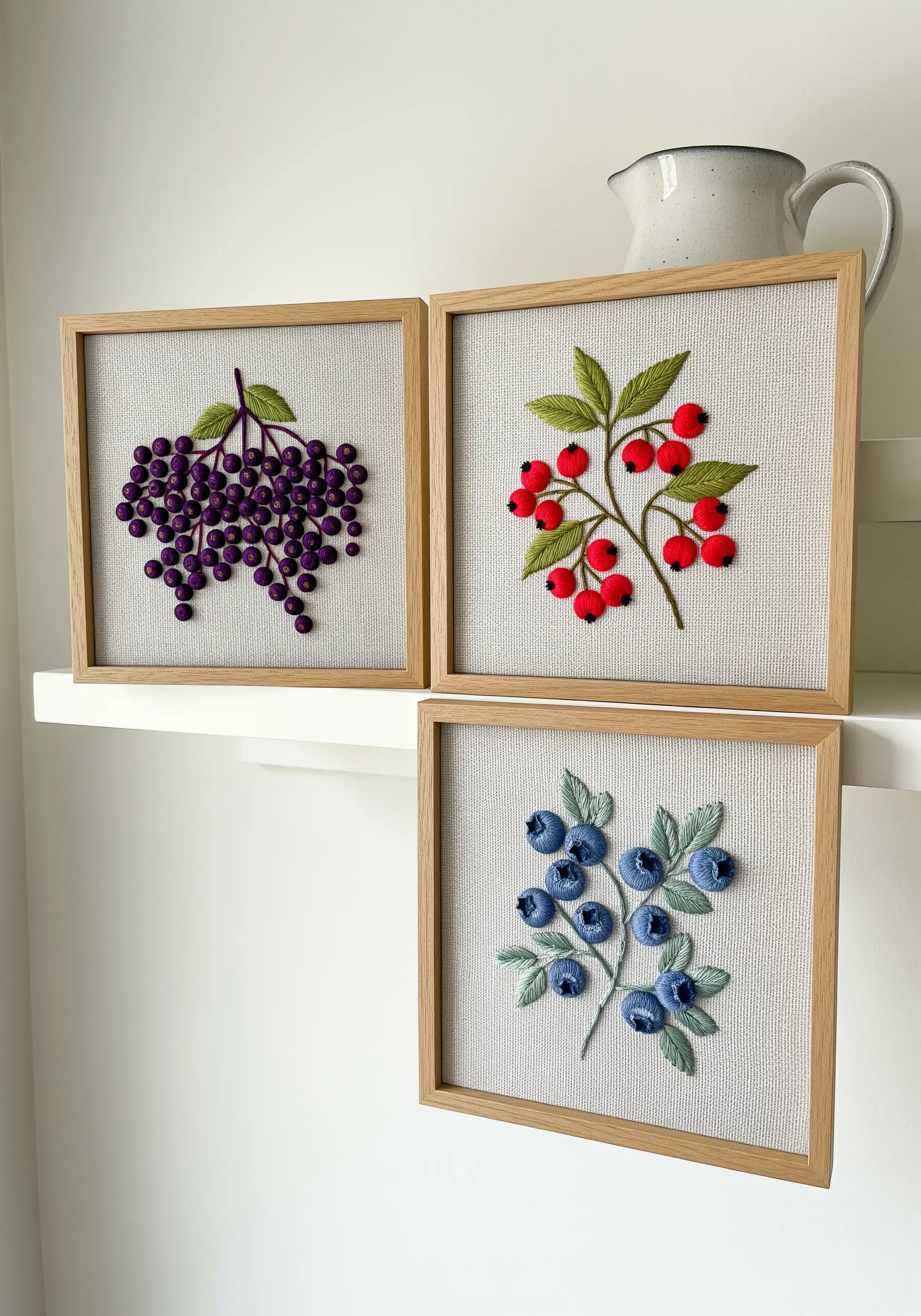 Three framed embroidery pieces, each showing a different type of berry: elderberry, blueberry, and redcurrant.