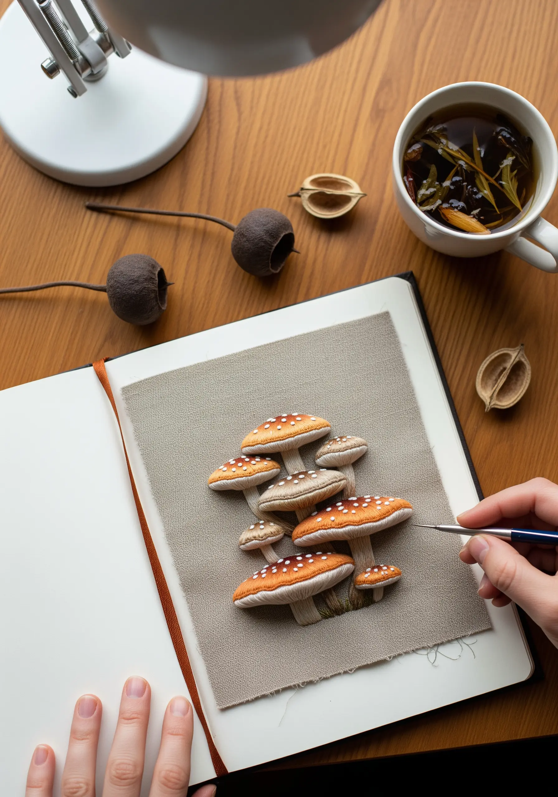 A cluster of 3D stumpwork mushrooms being worked on in a journal.