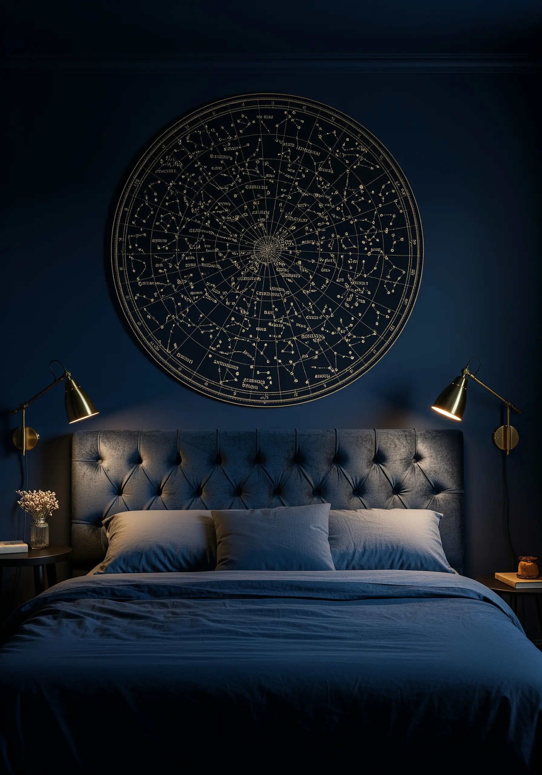 Intricate gold metallic thread embroidery of a celestial map on a dark navy wall