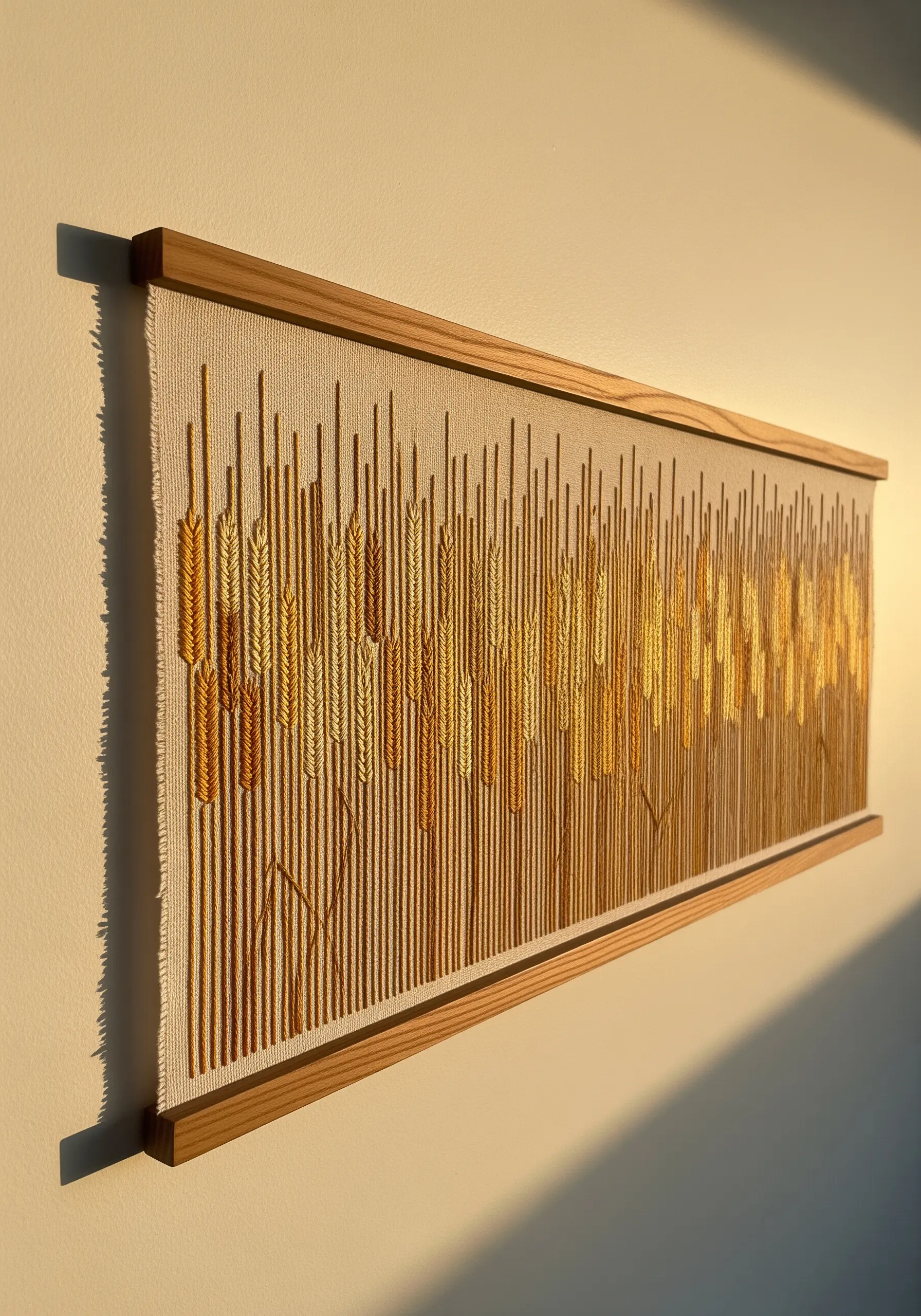 A panoramic framed embroidery of a golden wheat field against long vertical stitches.