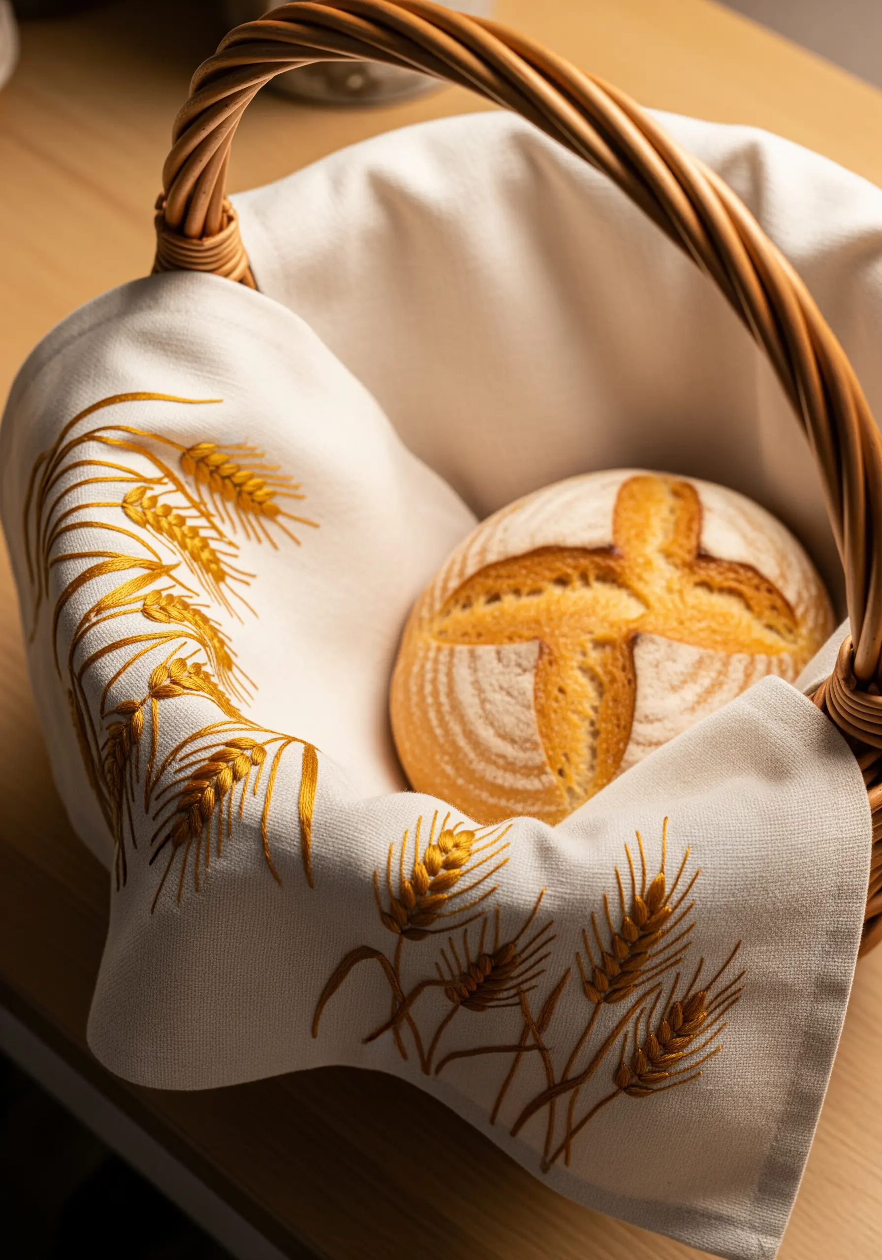 Golden wheat sheaves embroidered along the edge of a linen bread basket liner.