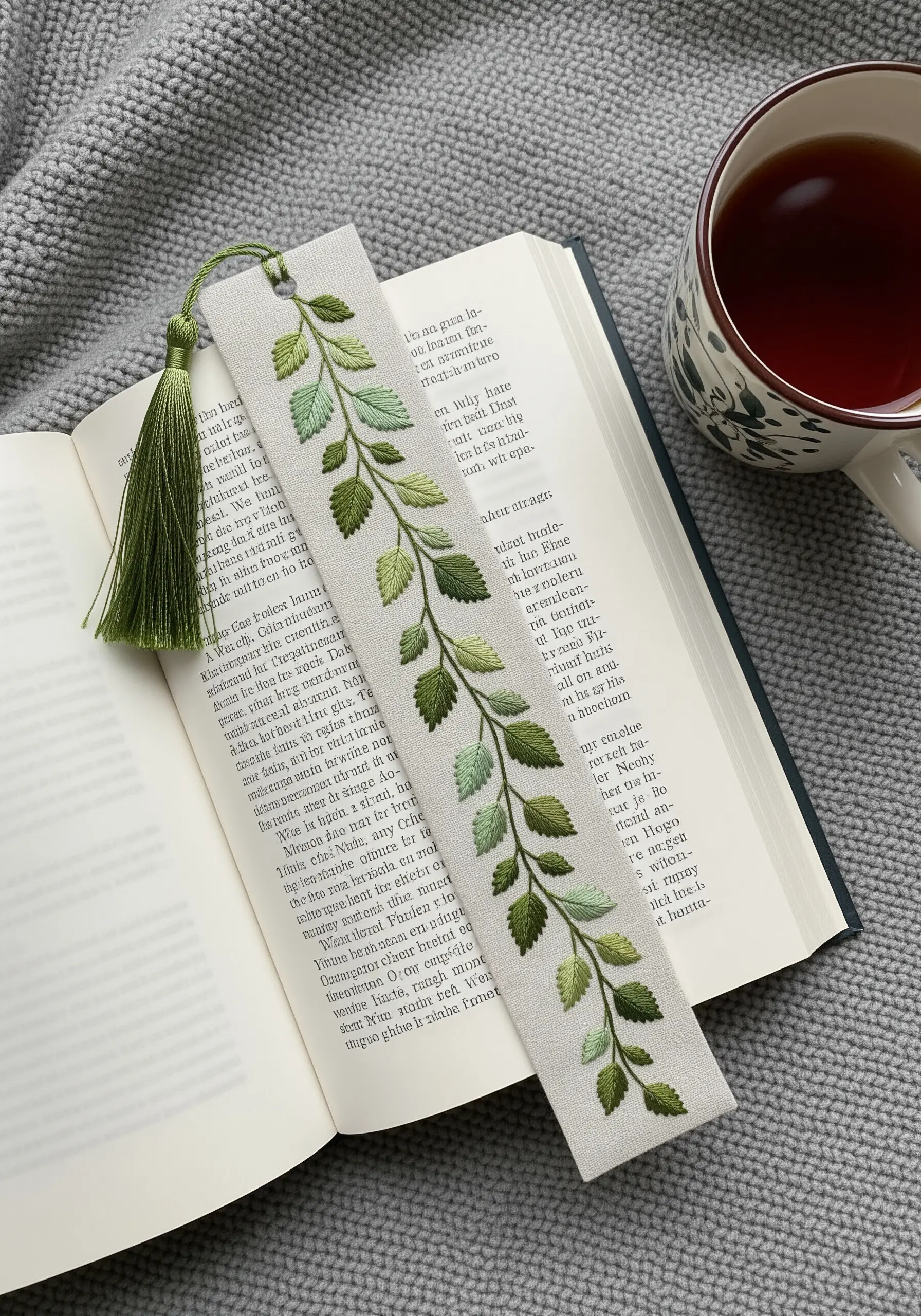 Embroidered bookmark with a long vine of green leaves shaded with gradient colors.