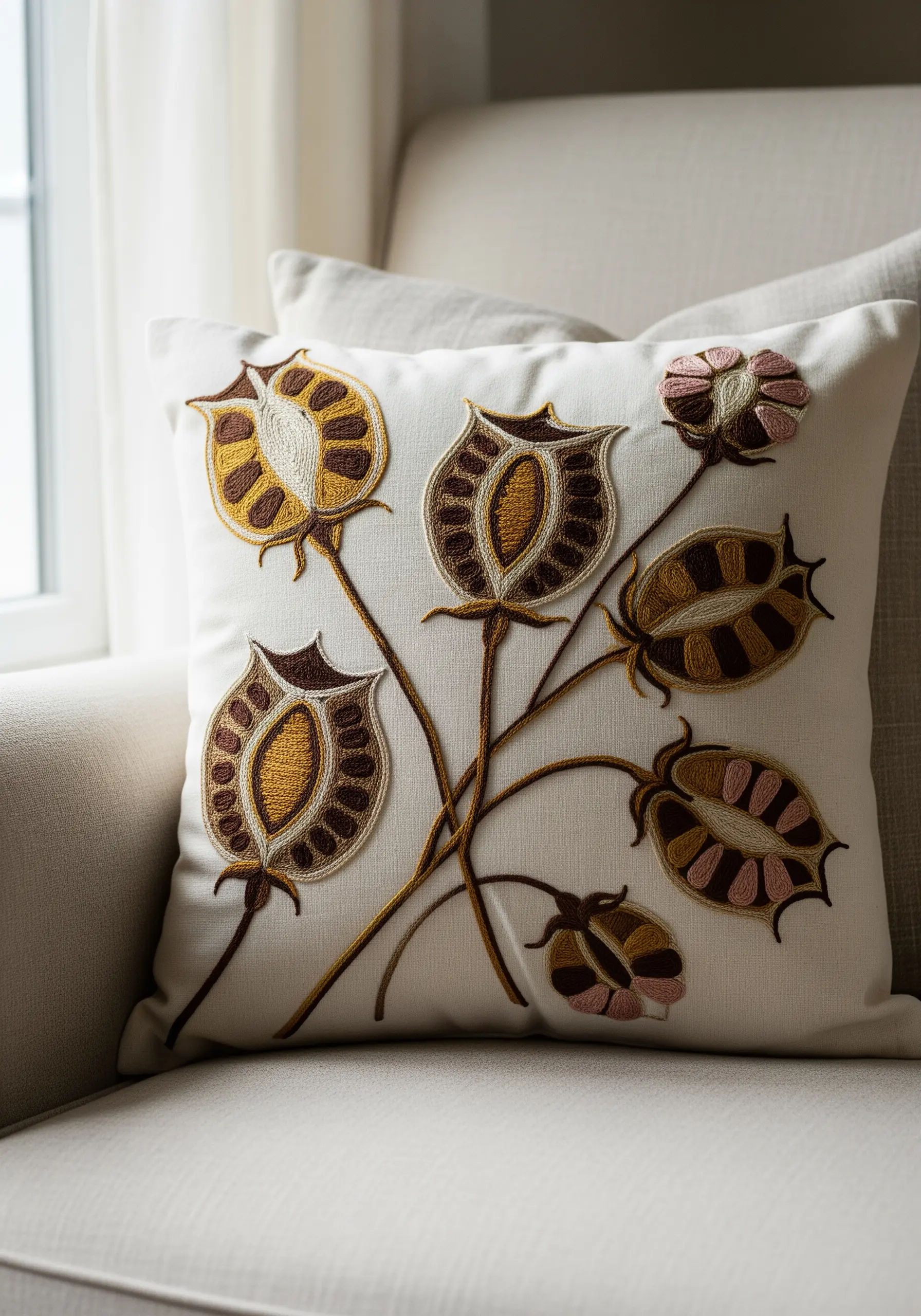 Embroidered seed pods on a cushion using satin stitch and brown outlines.