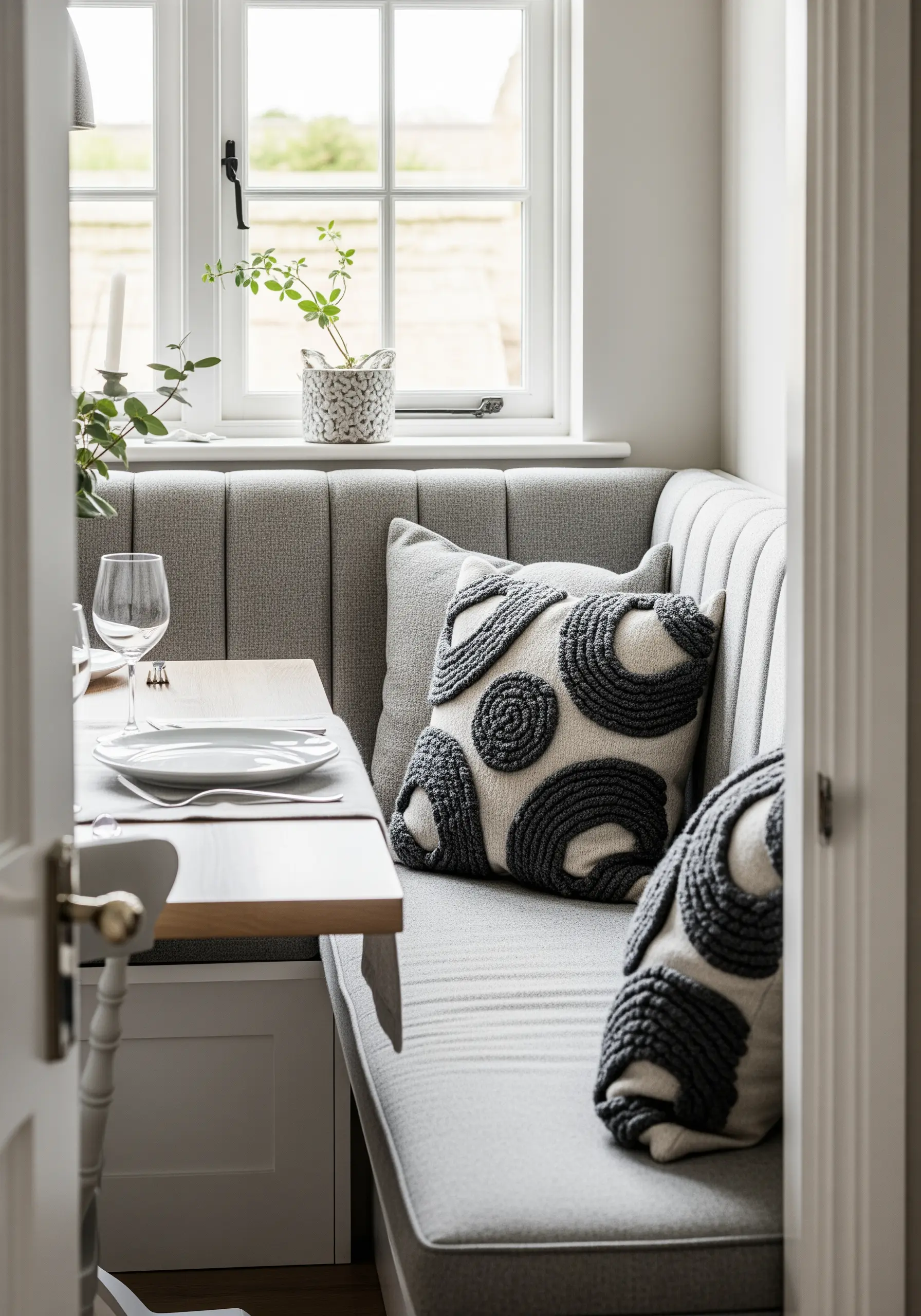 Pillows with abstract circular motifs filled with a chunky, dark grey chain stitch.
