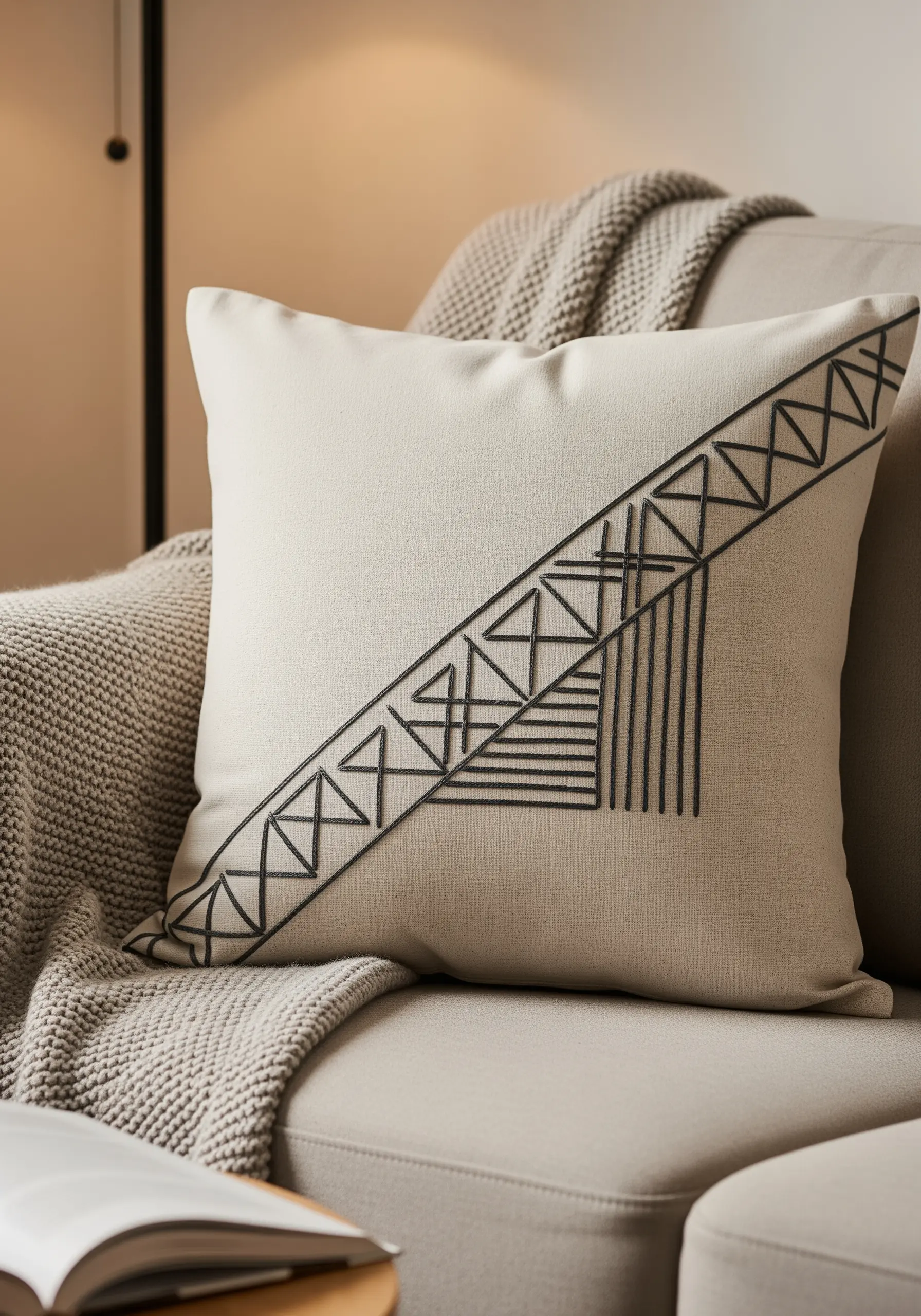 A close-up of a neutral pillow with a bold, black geometric embroidered pattern.