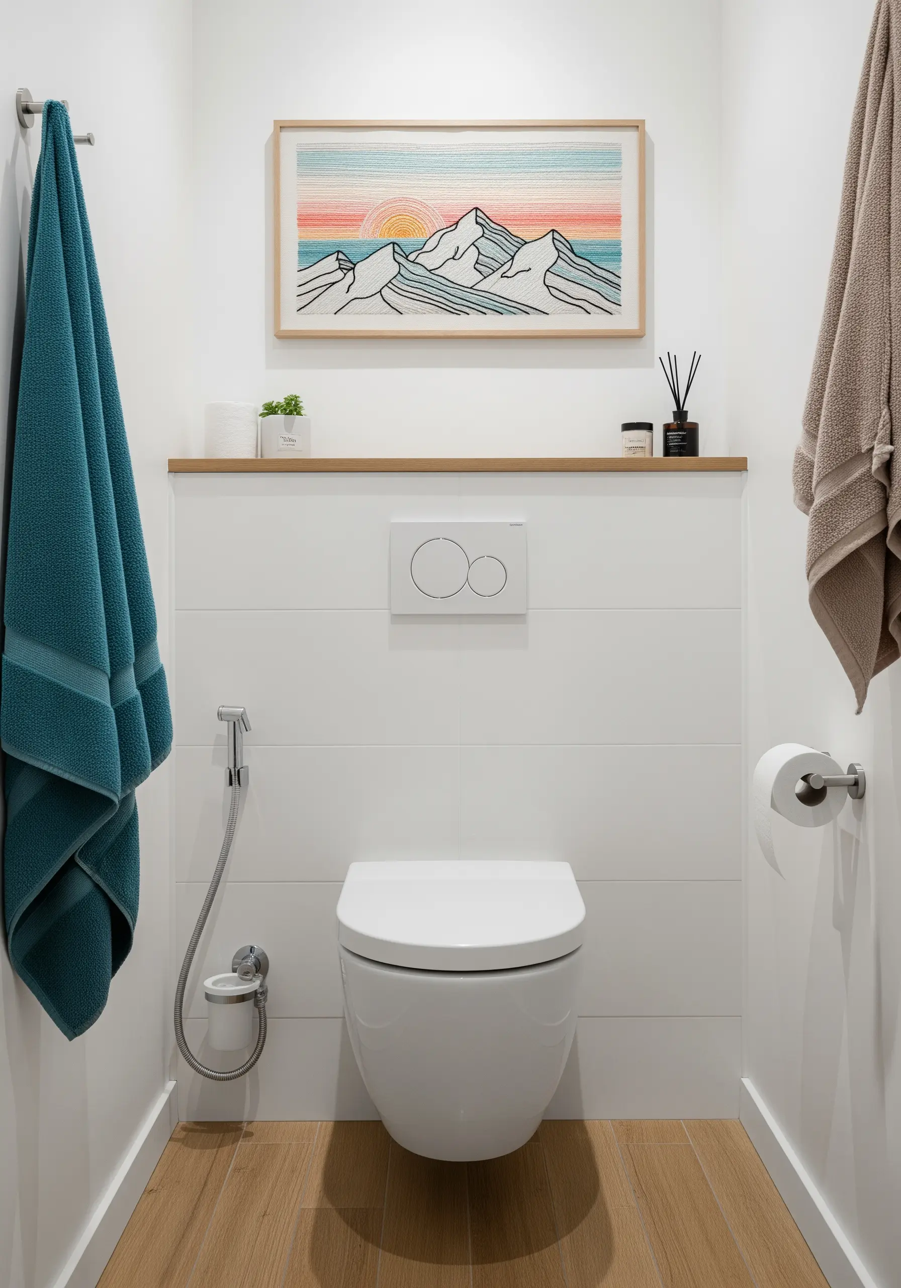 A framed embroidery of a mountain range with a color-gradient sunset in the background.