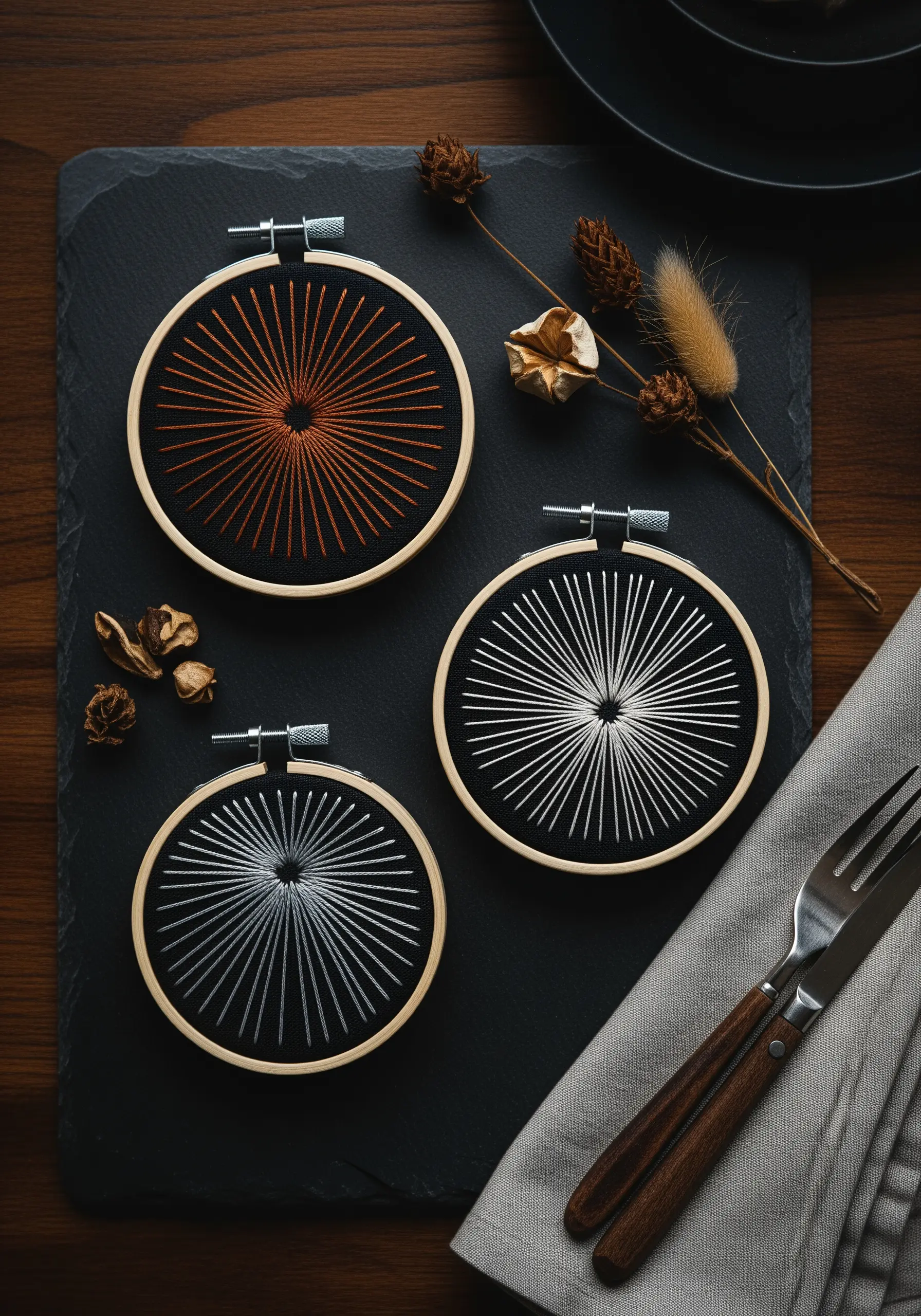 Three embroidery hoops with geometric starburst patterns in copper, white, and silver thread on black fabric.