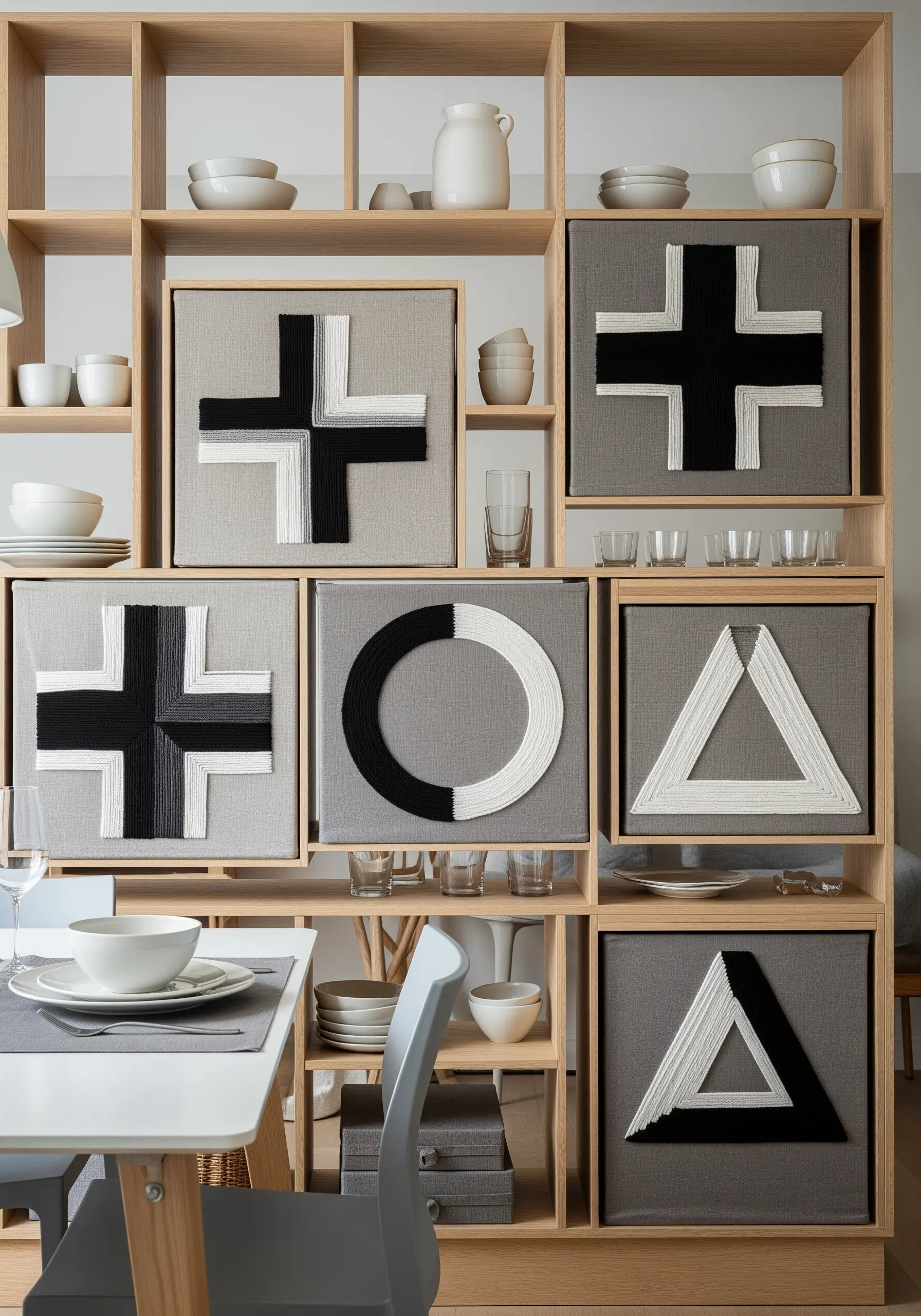 Geometric symbols in black and white yarn on gray fabric panels in a shelving unit.