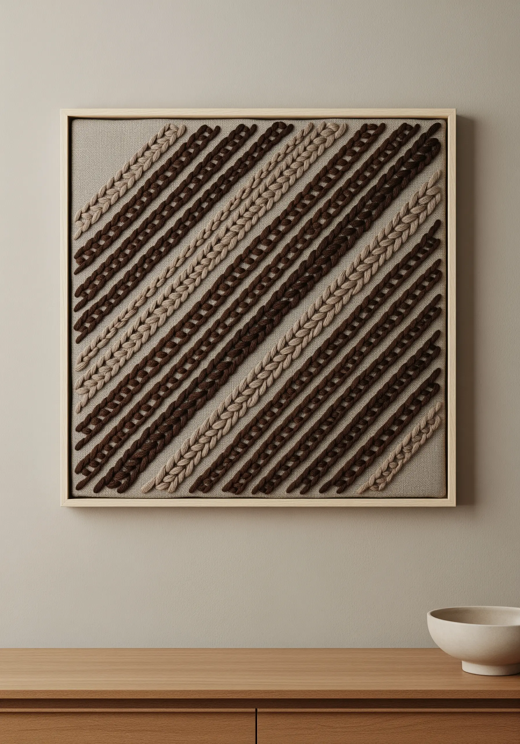 Framed abstract art with diagonal lines of brown and beige raised chain stitch.