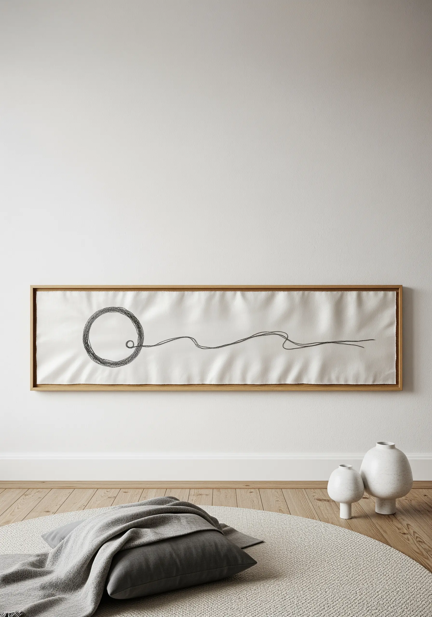 A long, rectangular framed piece with a simple black line that flows and circles.