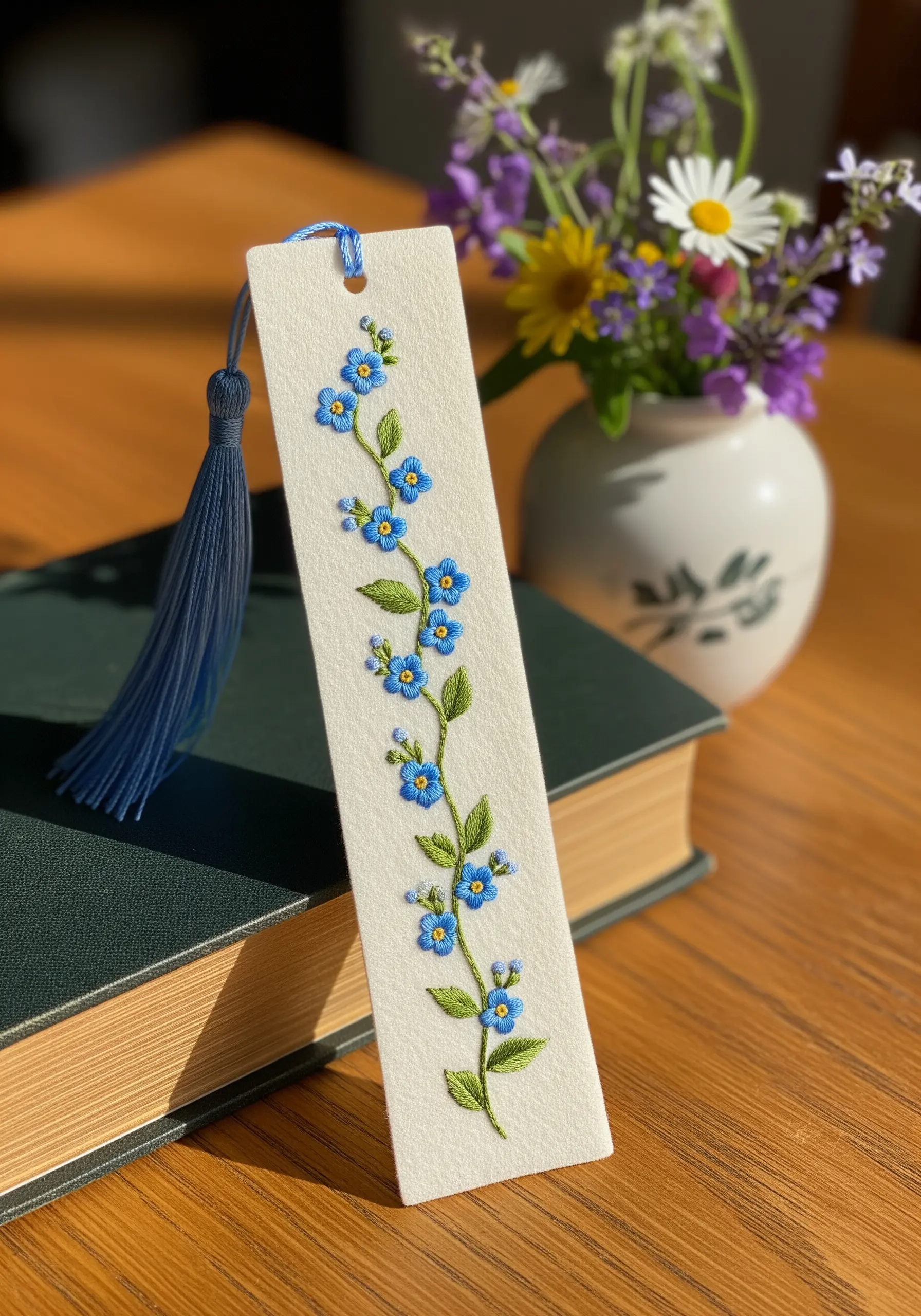 An elegant bookmark embroidered with a vine of blue forget-me-not flowers.
