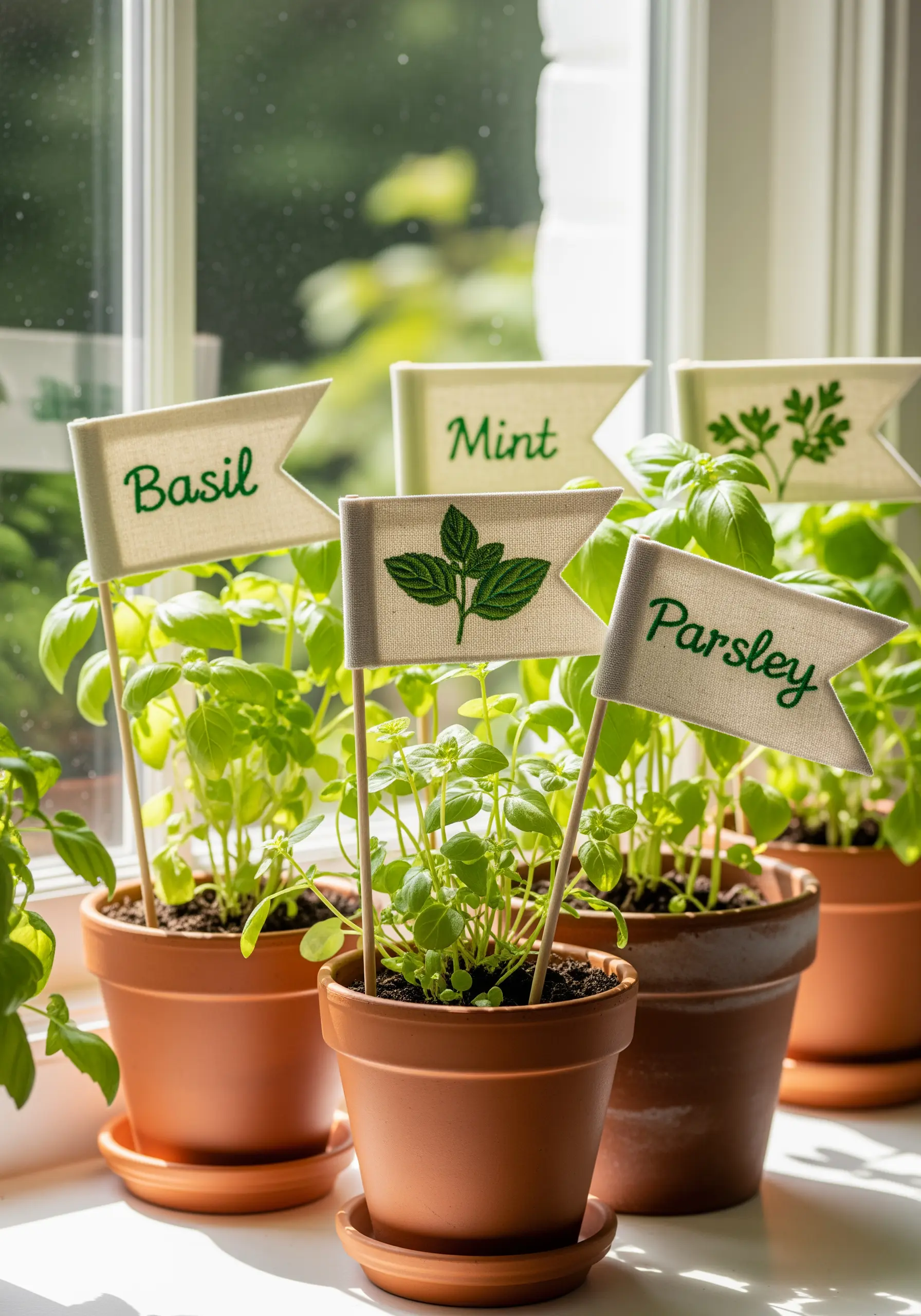 Hand-embroidered flags for basil, mint, and parsley used as plant markers in pots.