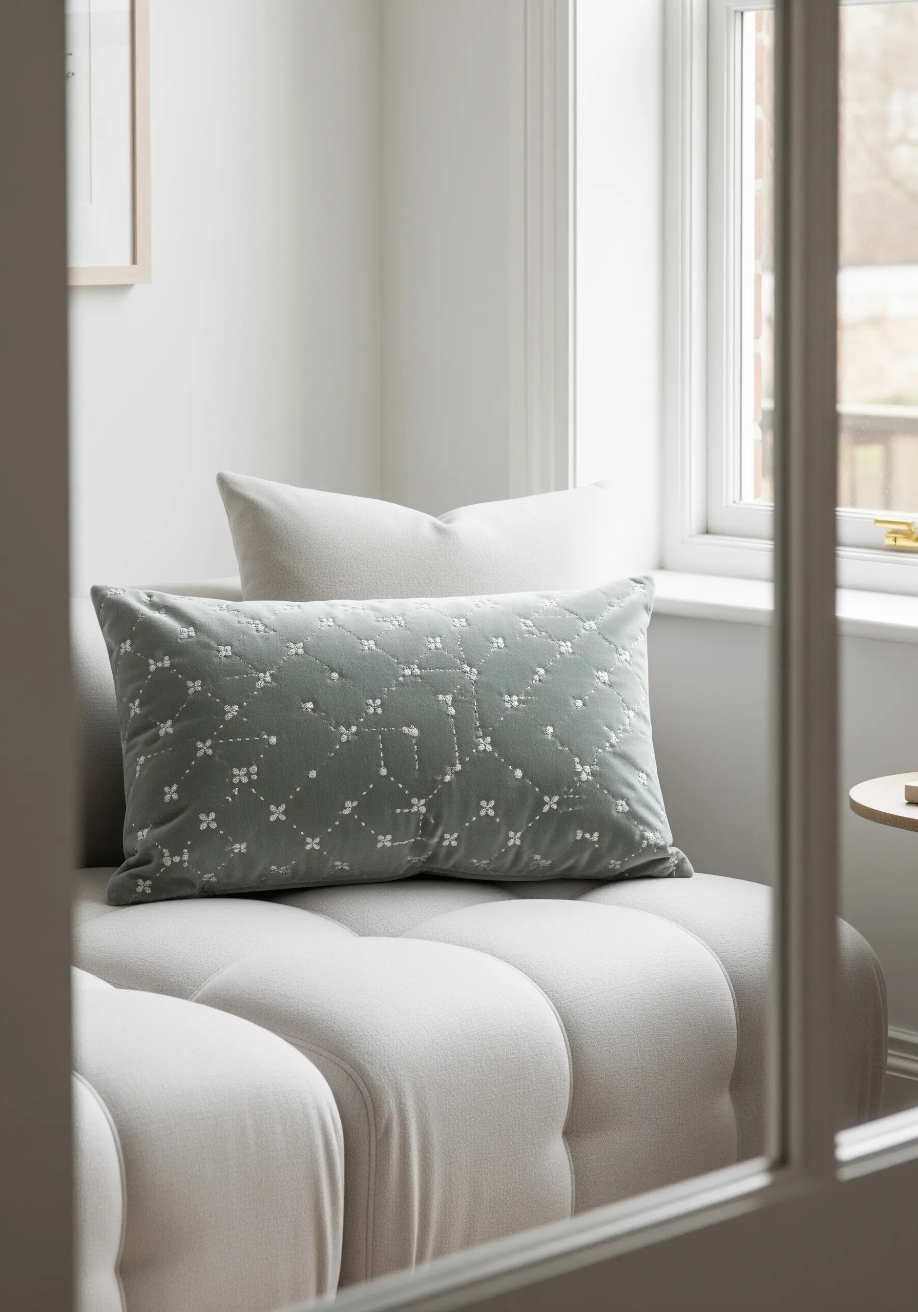 A sage green velvet pillow with a quilted effect stitched in white thread and French knots.