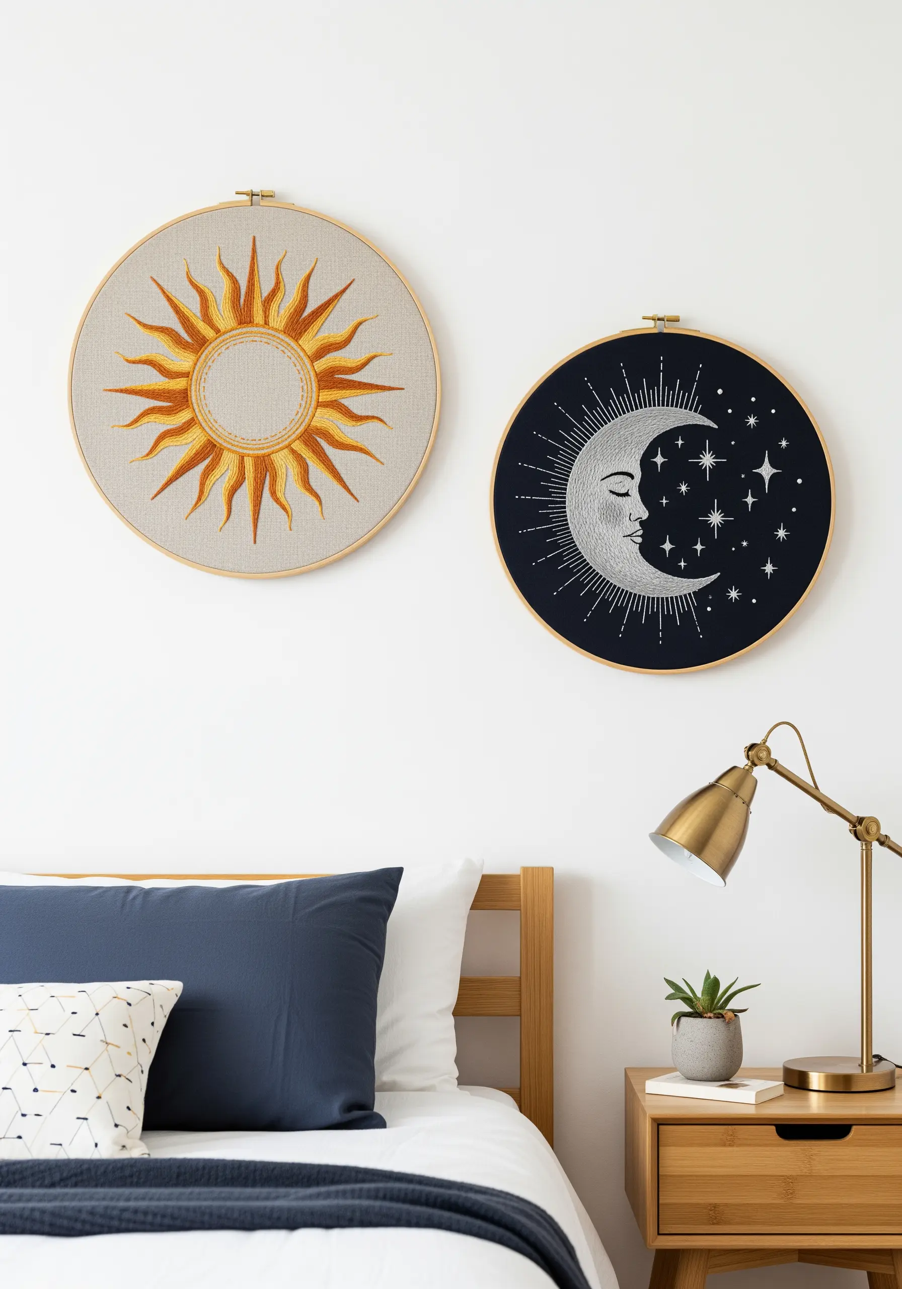 Two embroidery hoops, a sun on light fabric and a moon on dark fabric, above a bed.
