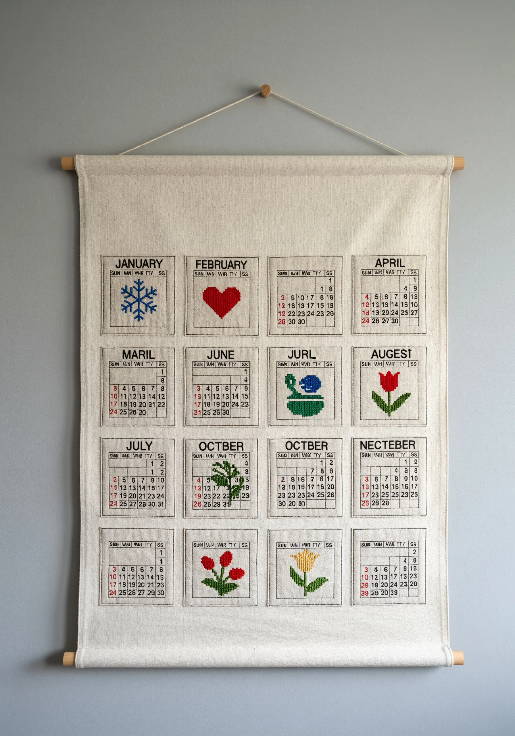 A wall-hanging fabric calendar with 12 embroidered panels, one for each month.