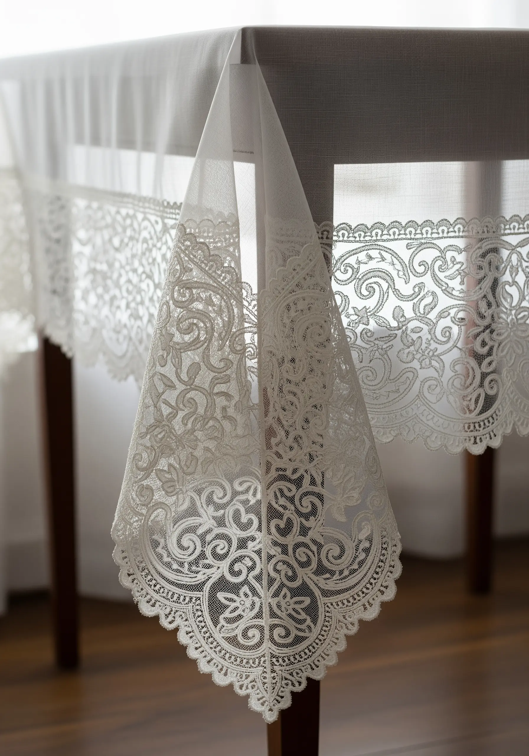 The corner of a sheer white tablecloth with intricate cutwork embroidery creating a lace-like effect.