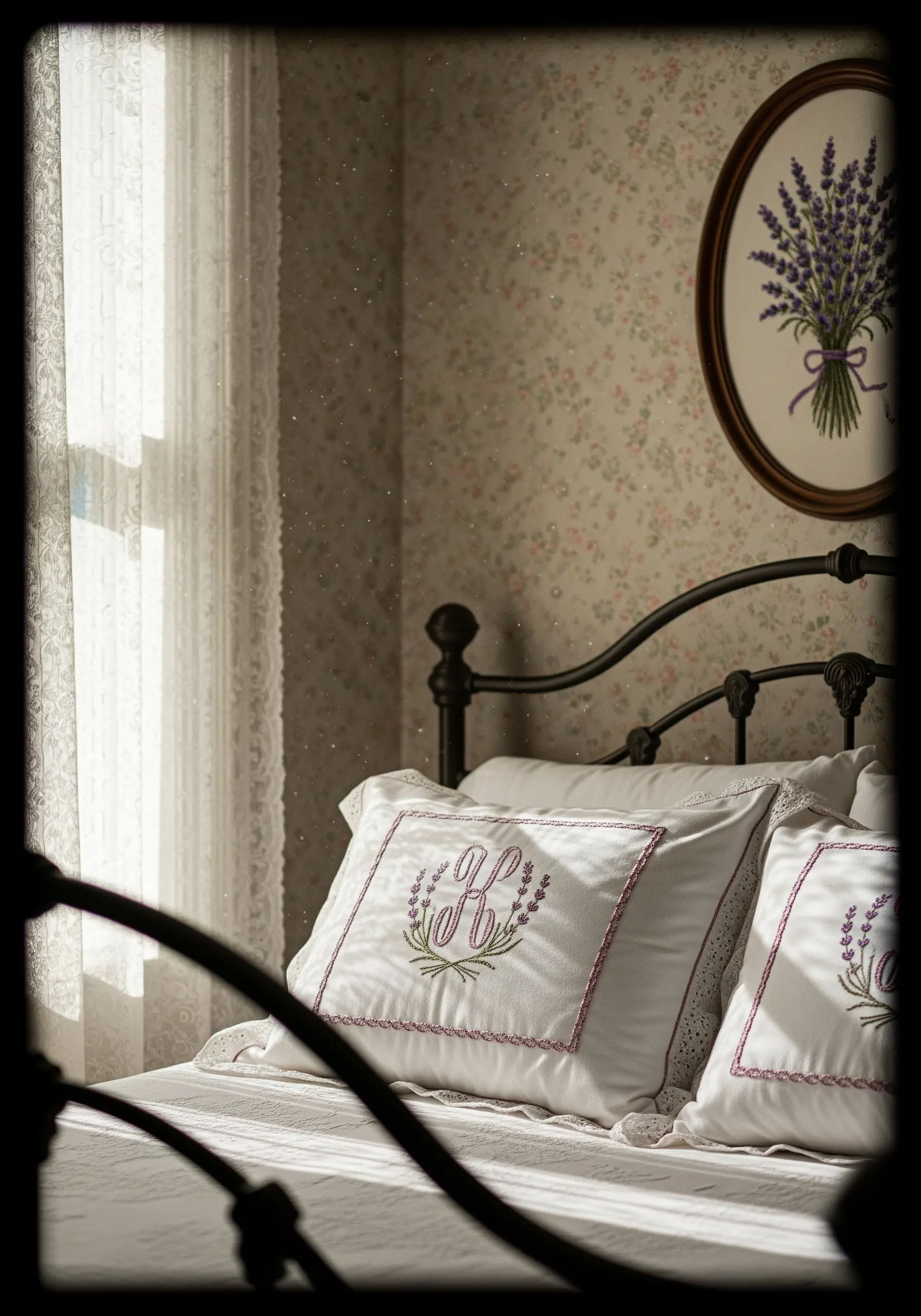 A close-up of a pillow with a lavender wreath encircling an embroidered monogram.