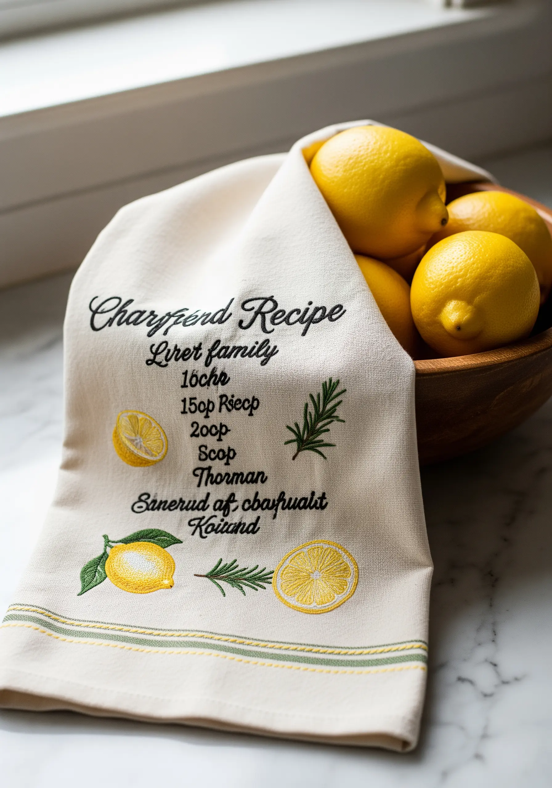 A linen tea towel embroidered with a family recipe, lemons, and sprigs of rosemary.
