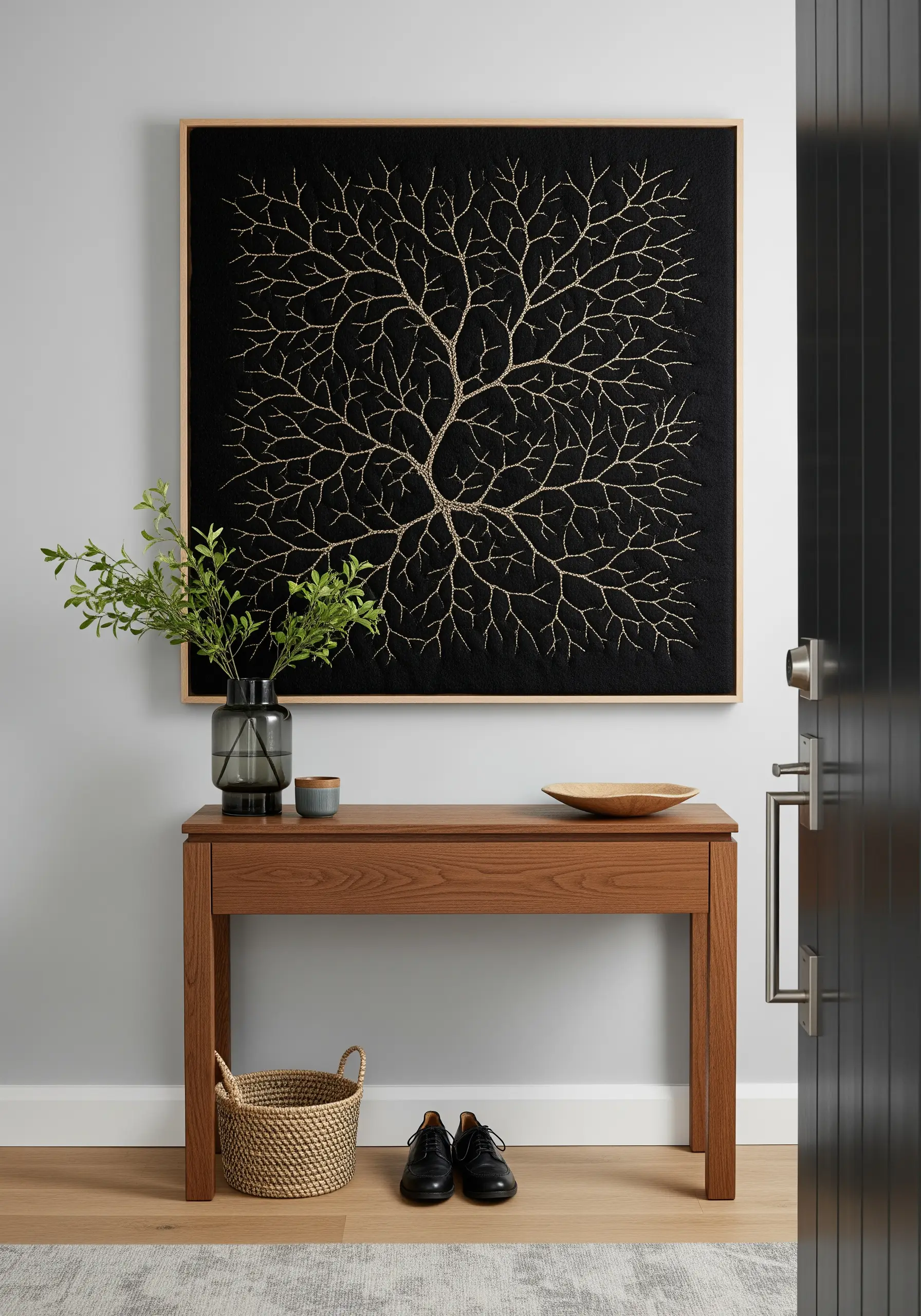Gold thread embroidery of a tree with fine branches on a large black canvas.