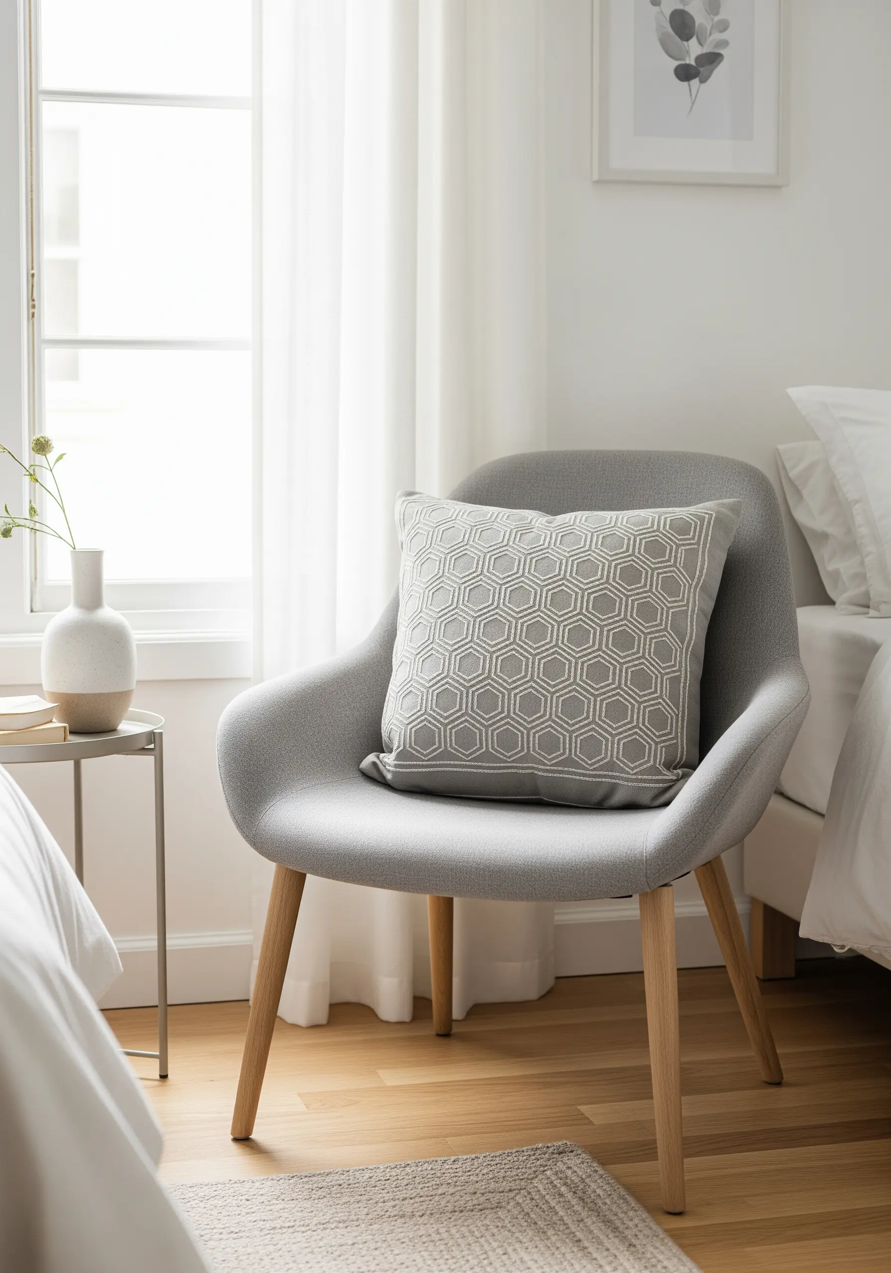 White geometric hexagon pattern embroidered on a grey cushion.