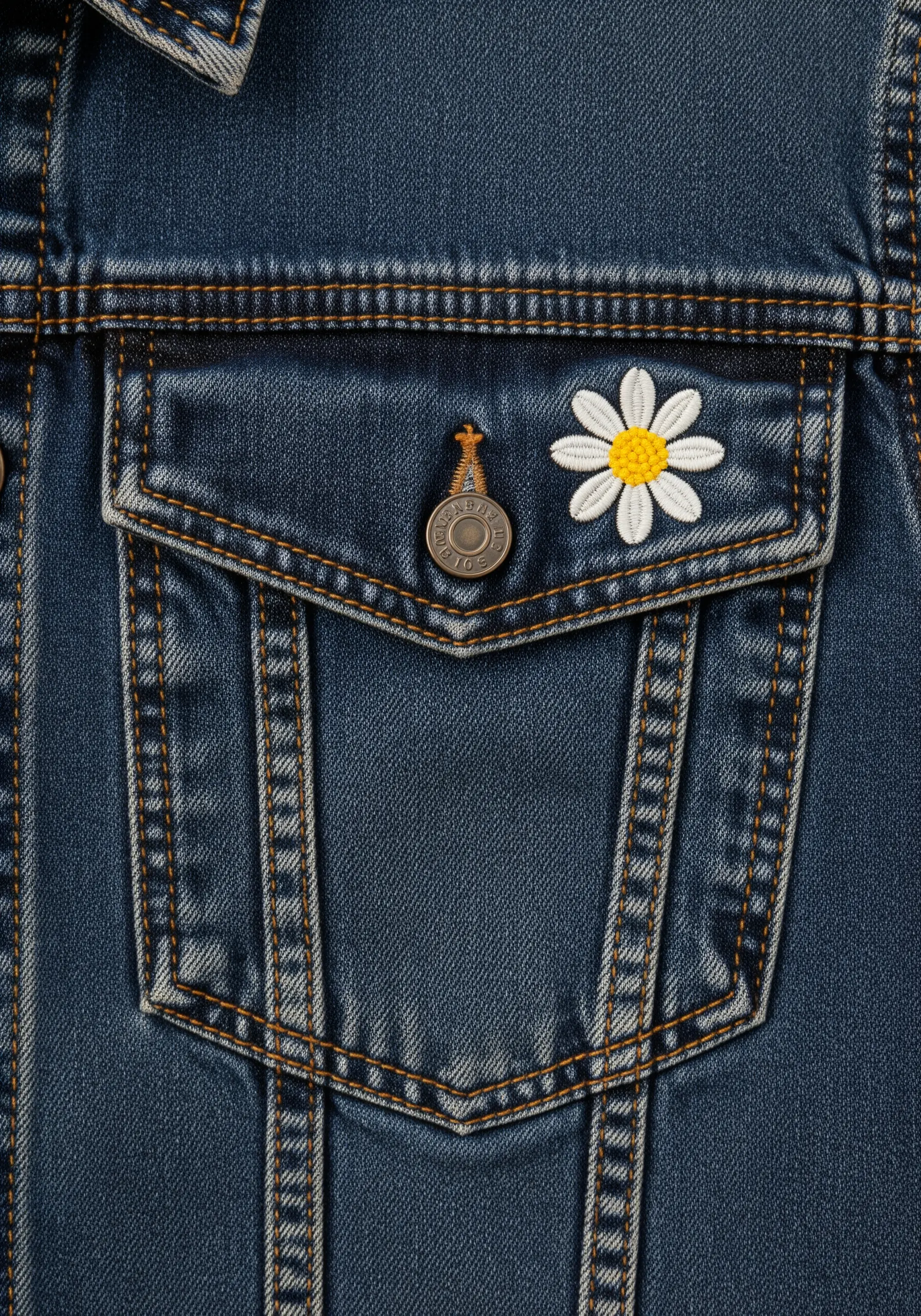 A single embroidered daisy with clean white petals on a denim jacket pocket.