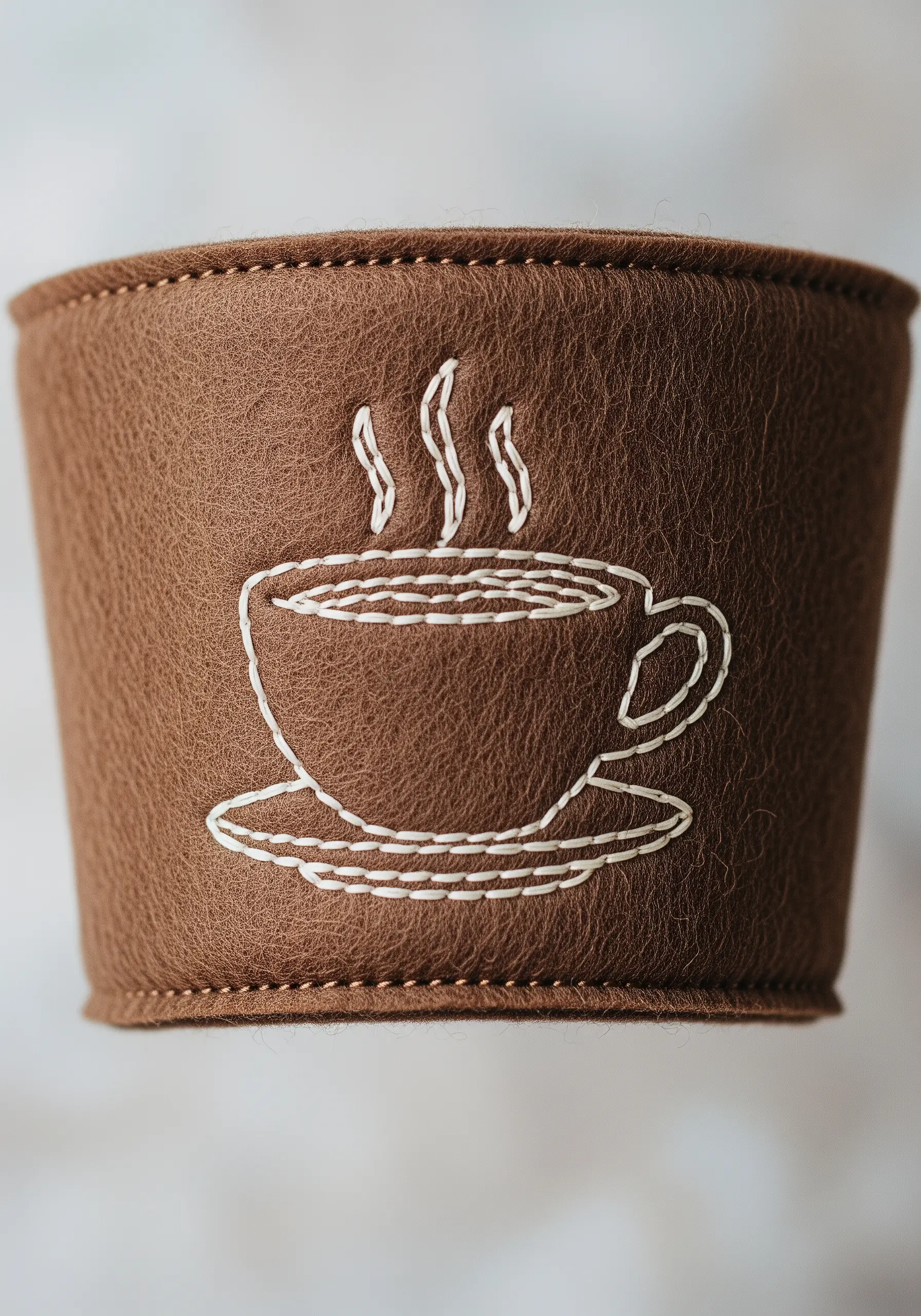 White outline embroidery of a steaming coffee cup on a brown felt coffee sleeve.