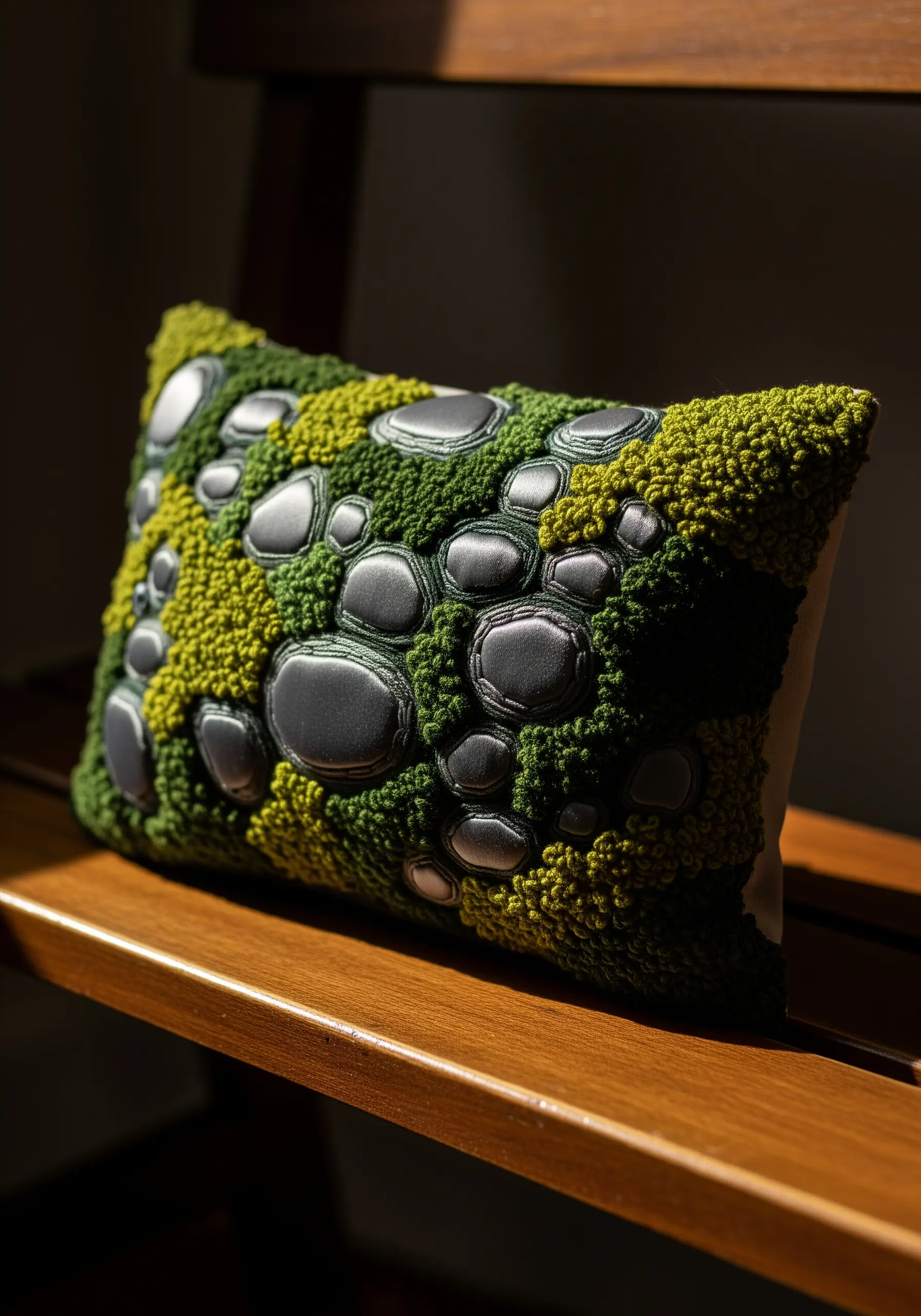 A decorative pillow with embroidered mossy texture using French knots and smooth, raised stones.