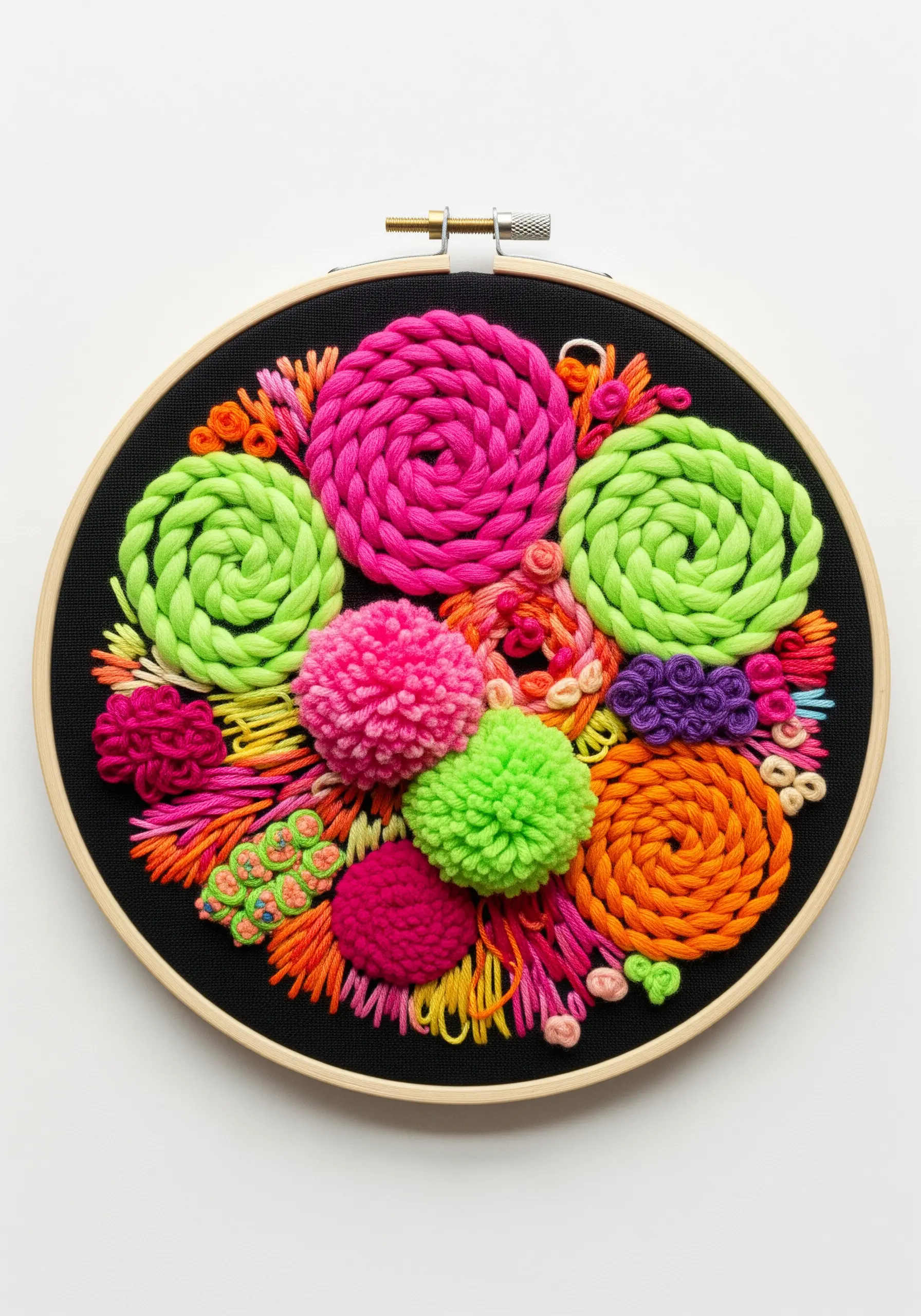 Vibrant neon embroidery with coiled yarn, pom-poms, and abstract floral shapes on black fabric.