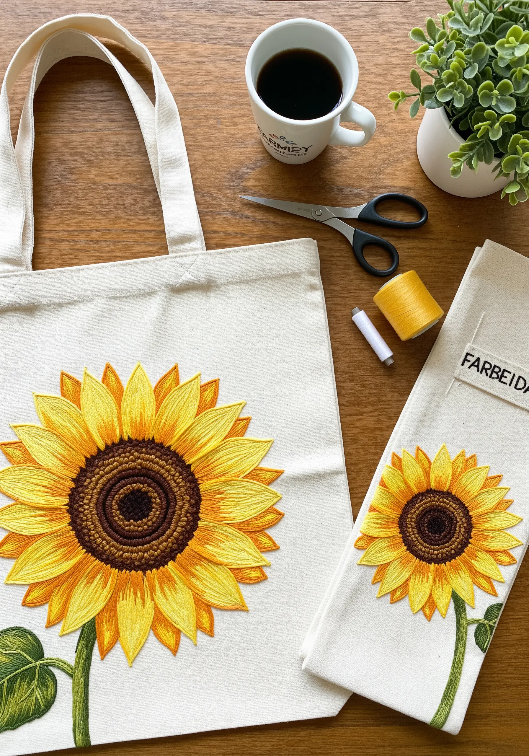 A large, vibrant sunflower with layered petals embroidered on a canvas tote bag.
