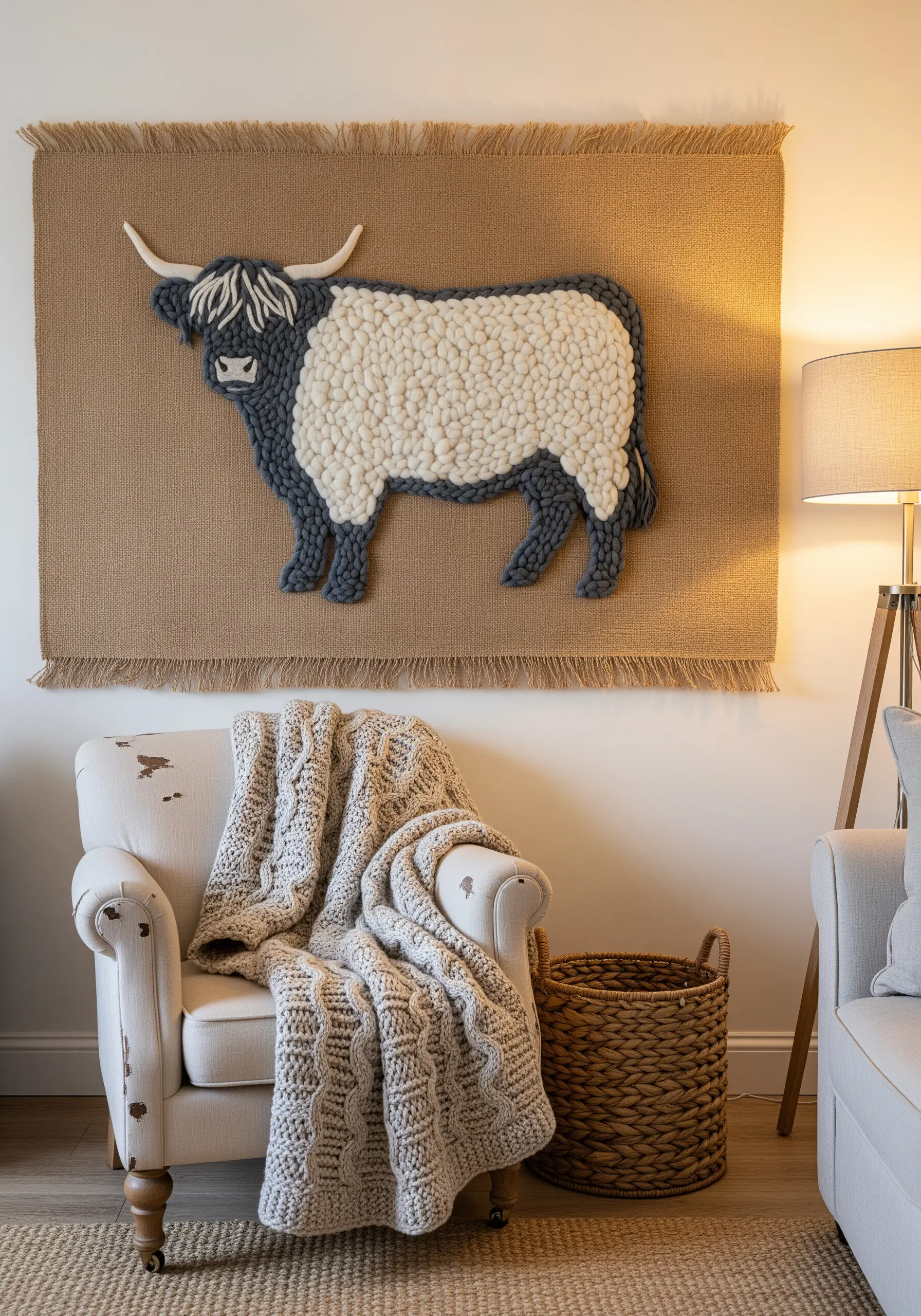 Large burlap wall hanging featuring a Highland cow made with high-pile wool roving.