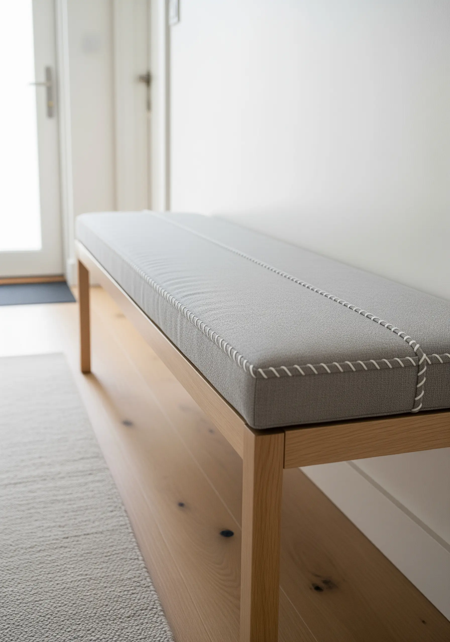 A close-up of a gray bench cushion with seams highlighted by a thick, white decorative whipstitch.