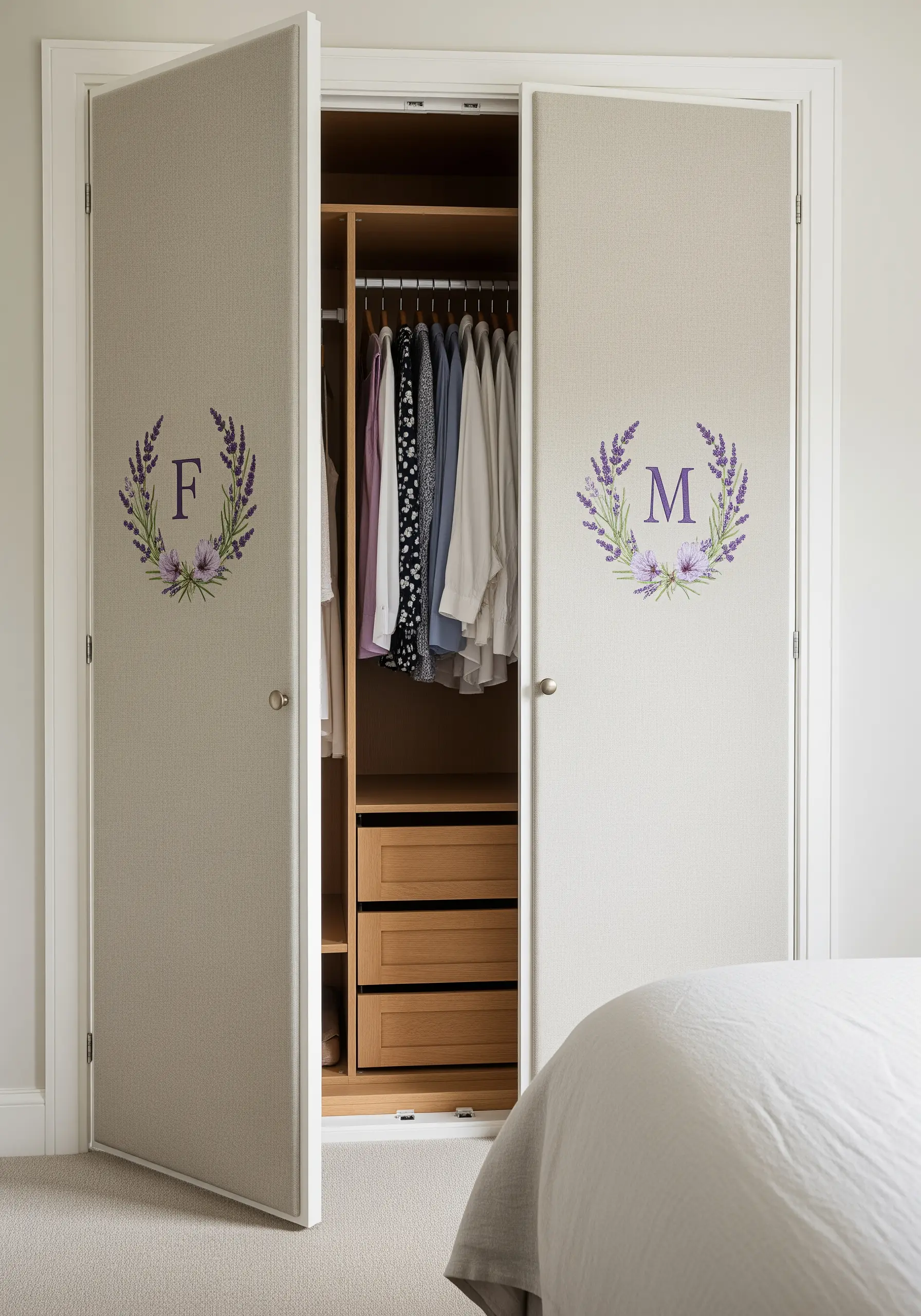 Wardrobe doors with fabric panels, each embroidered with a large initial inside a lavender wreath.