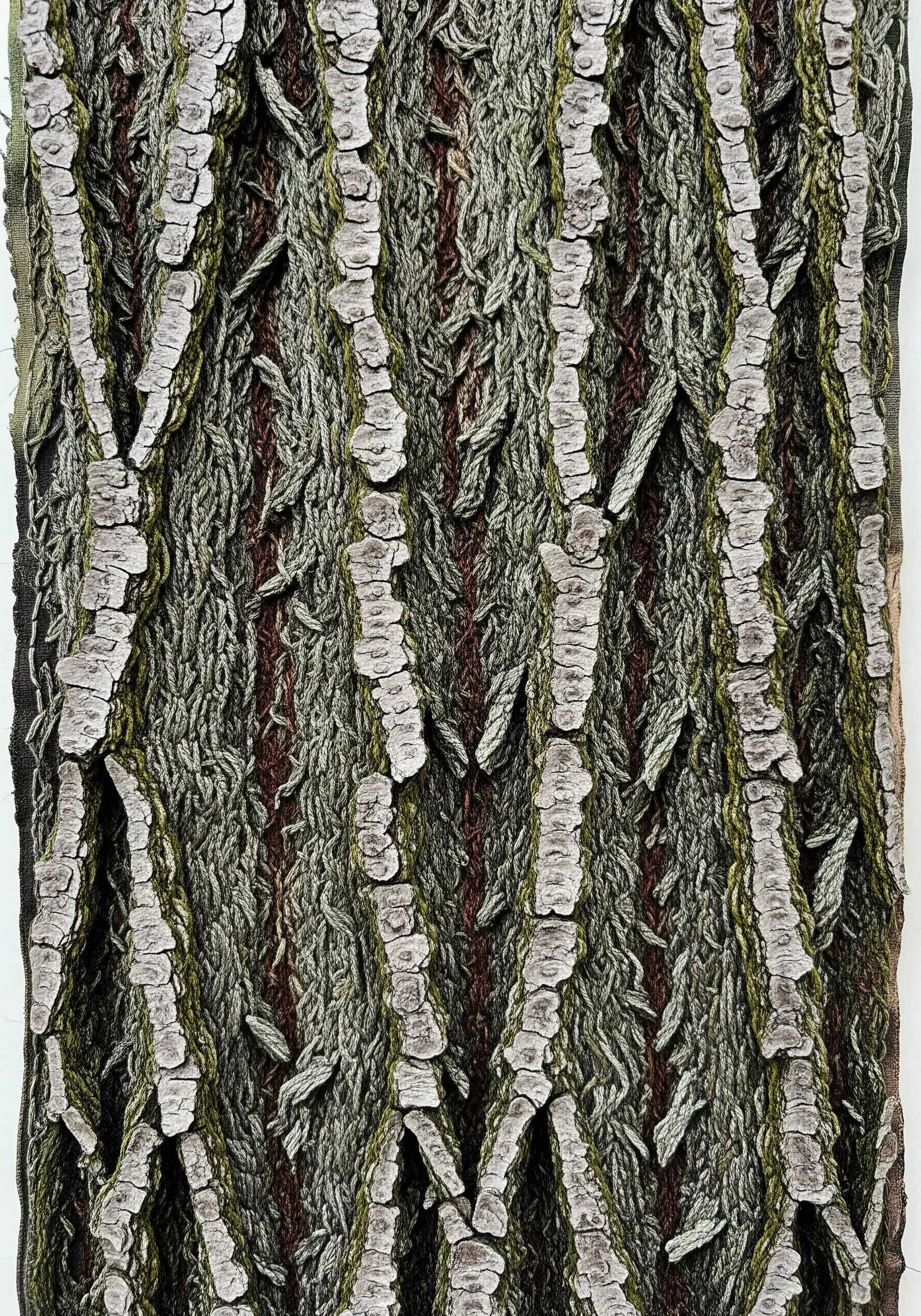 Close-up of hyper-realistic embroidered tree bark with complex textures and layers.