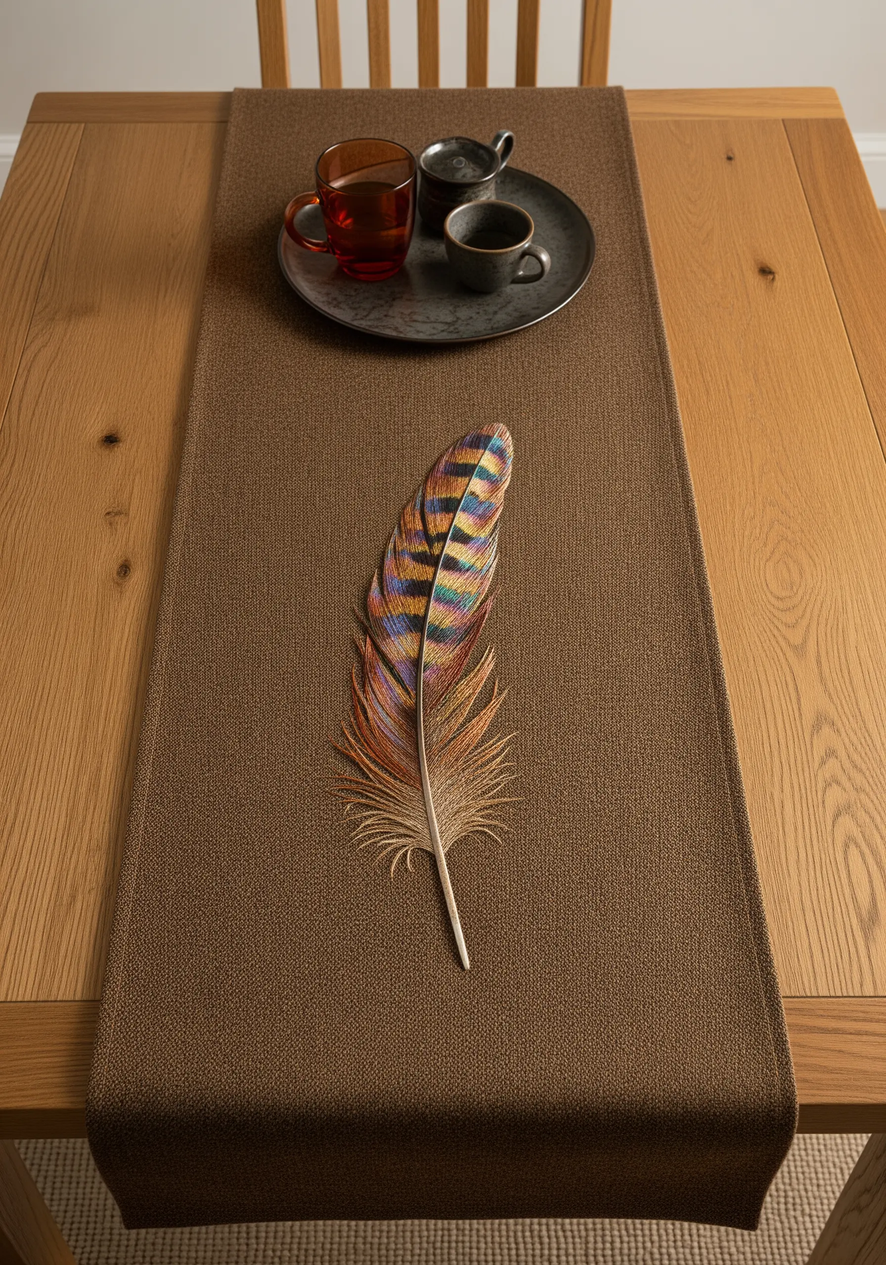 A brown table runner with a single, hyper-realistic embroidered feather in multiple iridescent colors.